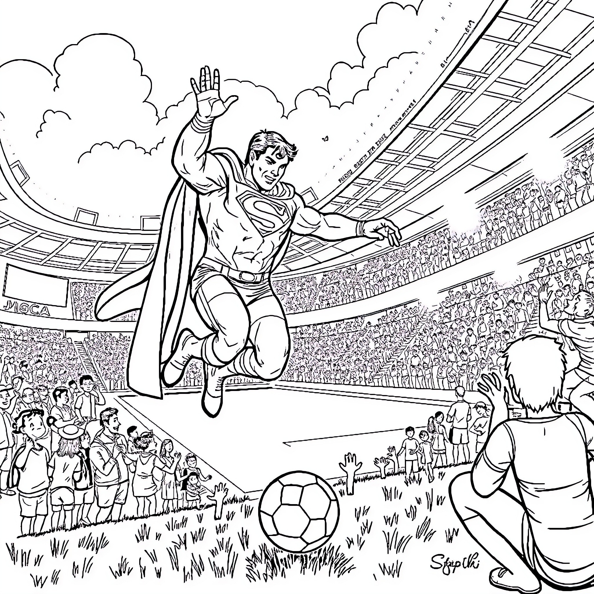 Superman flying over a crowded stadium Coloring Page (free black-and-white line drawing printable PDF for all, from beginners to advanced learners, including children, teens, adults, and seniors)