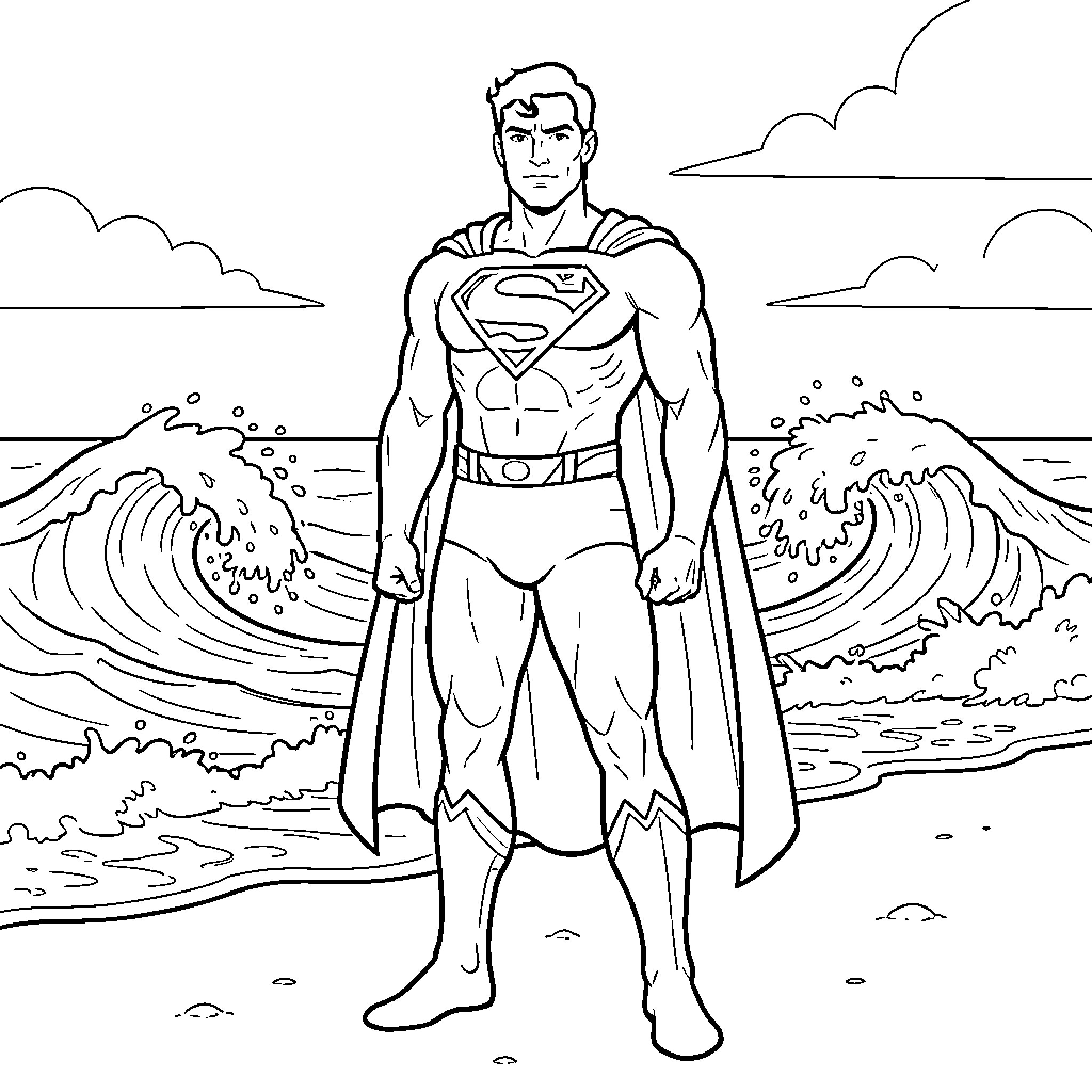 Superman standing heroically on a beach by ocean waves Coloring Page (free black-and-white line drawing printable PDF for all, from beginners to advanced learners, including children, teens, adults, and seniors)