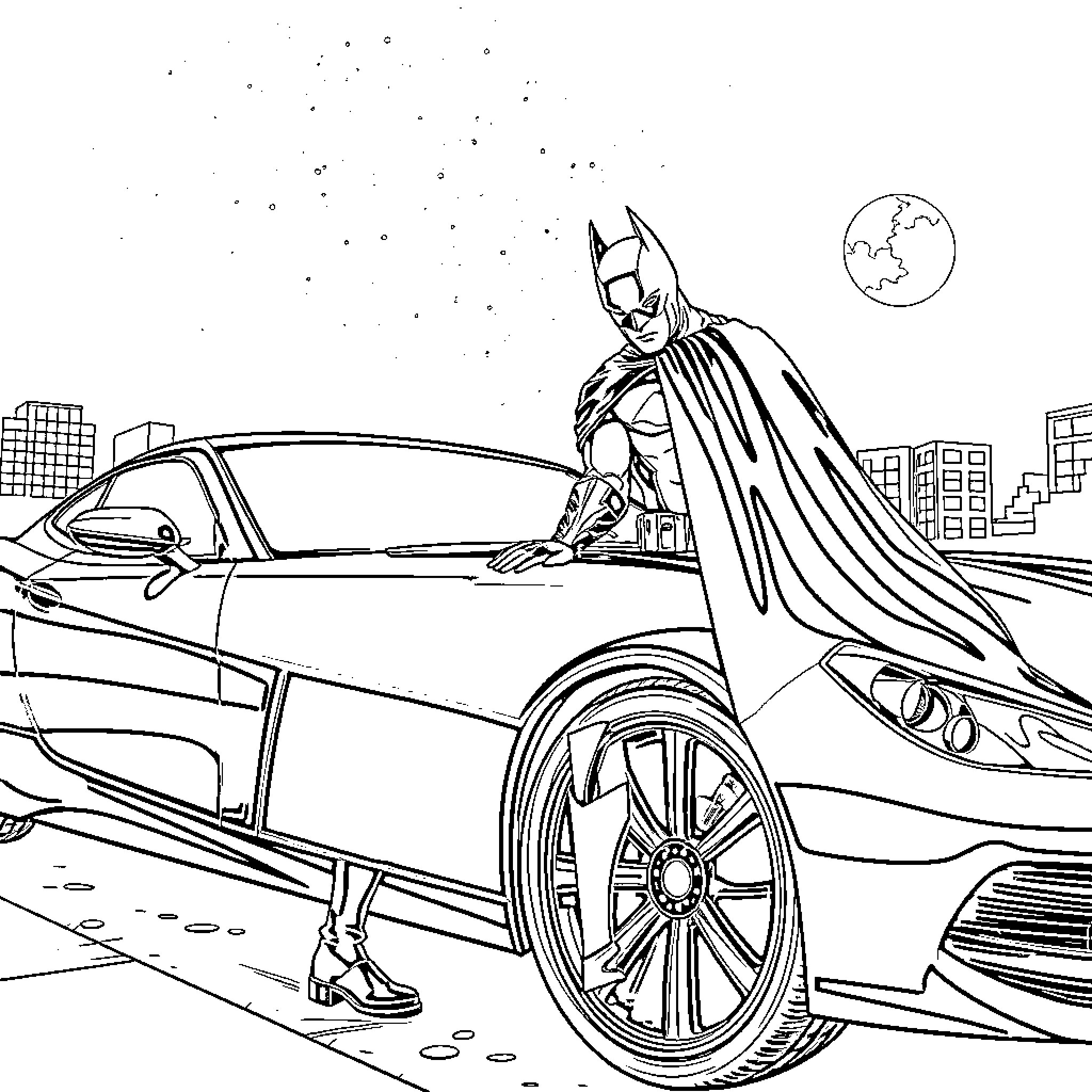 Batman's Heroic Arrival in the City Coloring Page (free black-and-white line drawing printable PDF for all, from beginners to advanced learners, including children, teens, adults, and seniors)