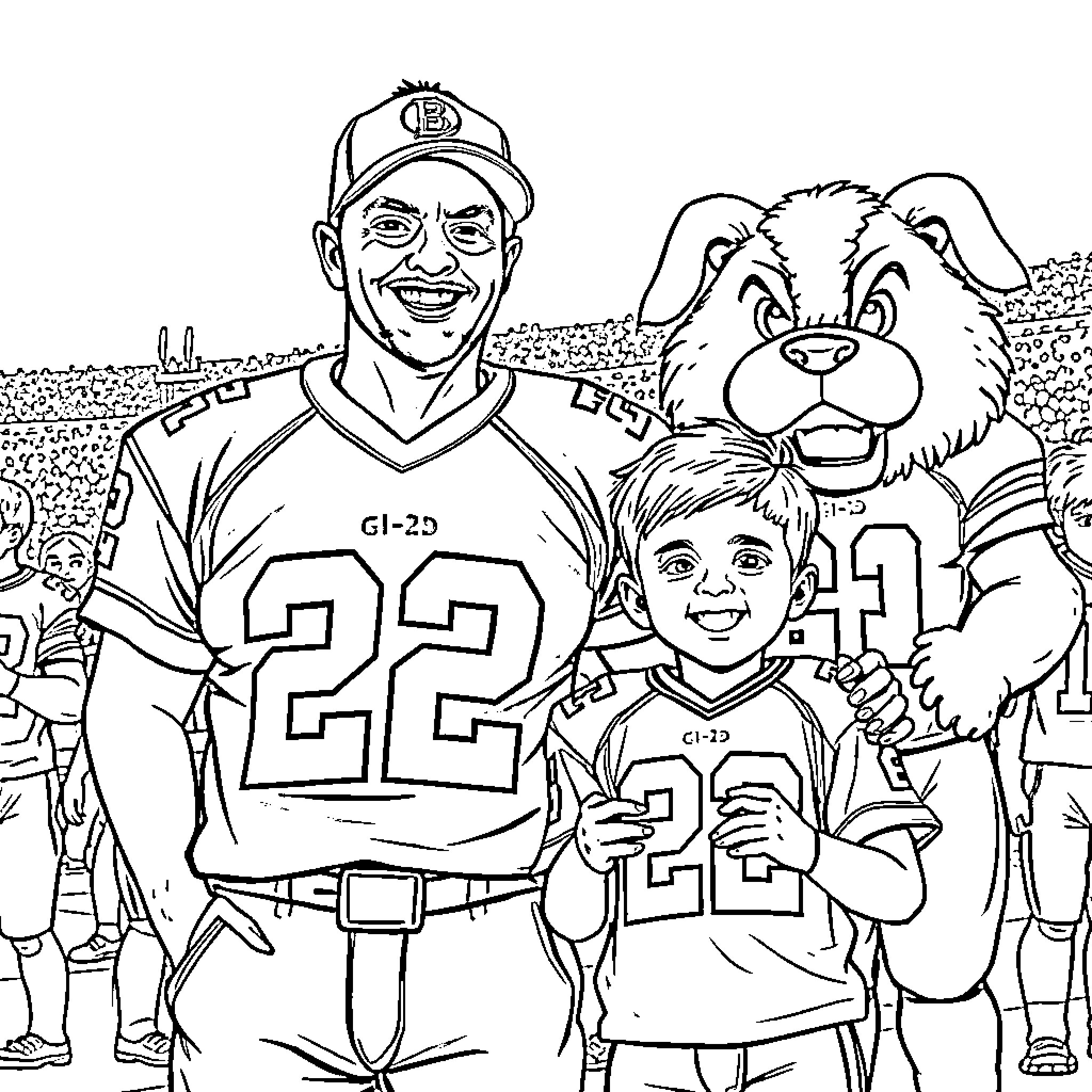 Football Player and Young Fan with Mascot on Field Coloring Page (free black-and-white line drawing printable PDF for all, from beginners to advanced learners, including children, teens, adults, and seniors)