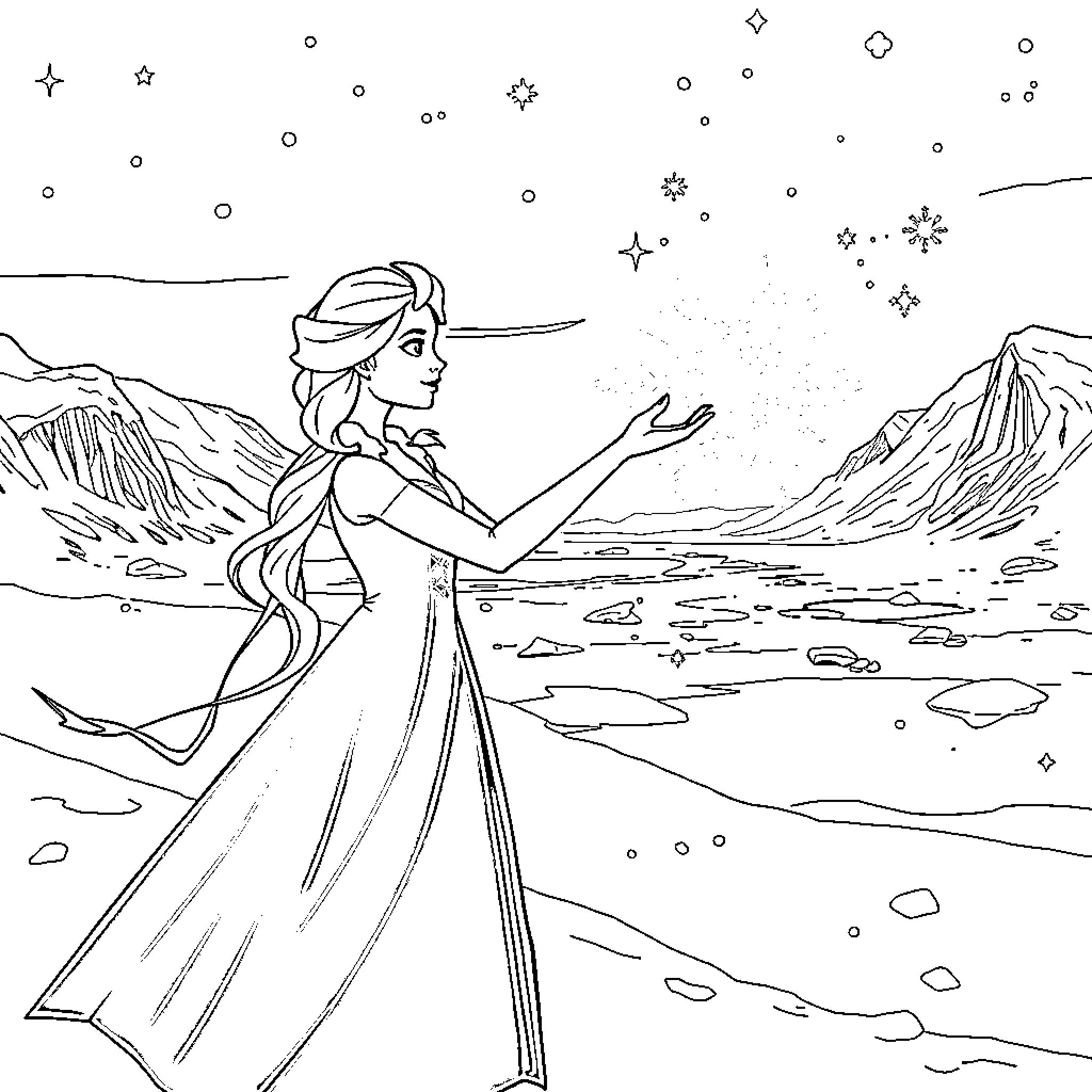 Elsa enjoying the snowy landscape and gazing at the stars Coloring Page (free black-and-white line drawing printable PDF for all, from beginners to advanced learners, including children, teens, adults, and seniors)