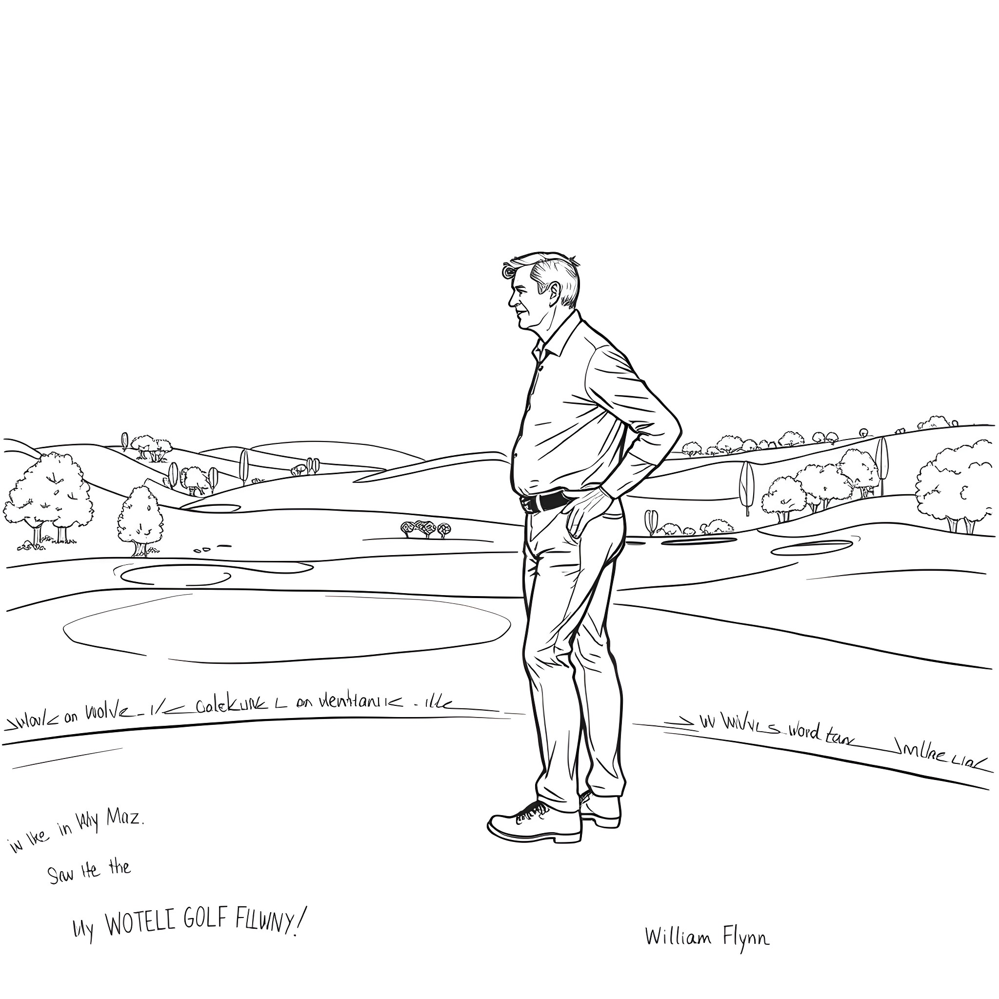 William Flynn enjoying a day on the golf course Coloring Page (free black-and-white line drawing printable PDF for all, from beginners to advanced learners, including children, teens, adults, and seniors)