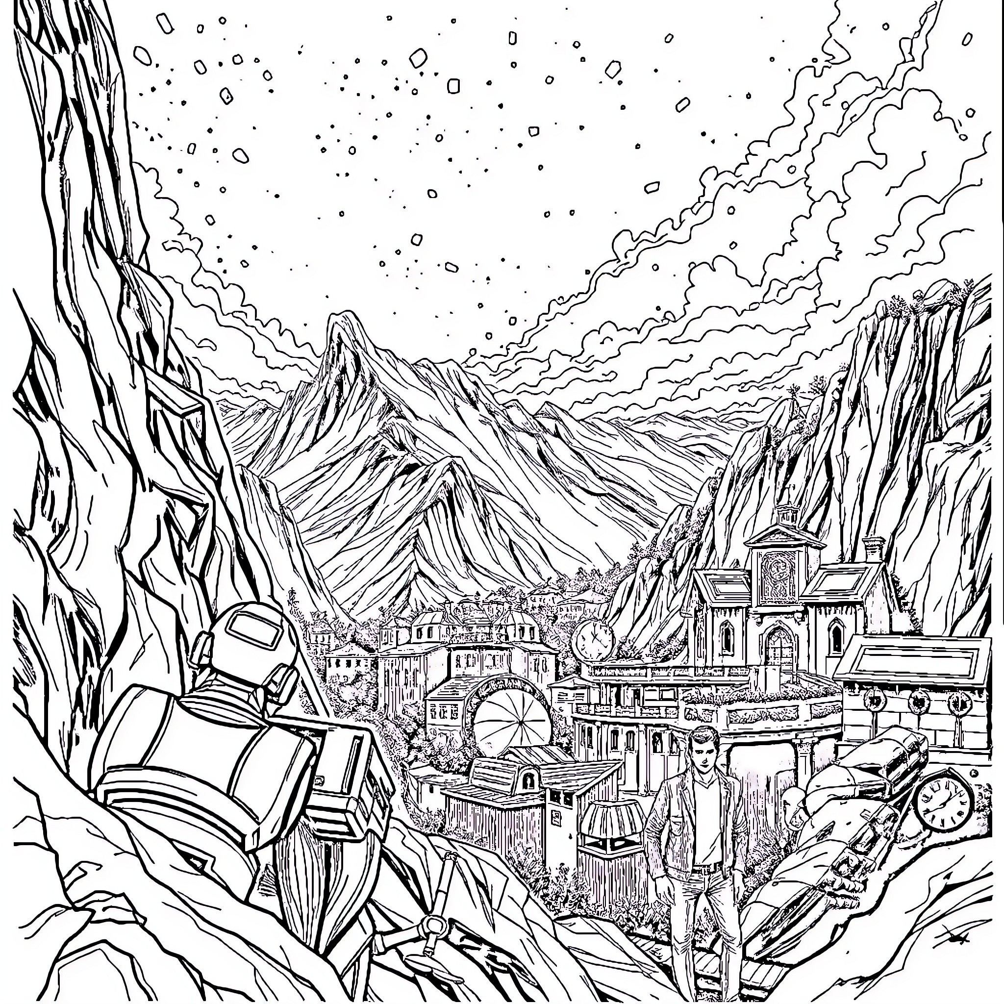 Cinematic Landscapes and Futuristic Cityscape Coloring Page (free black-and-white line drawing printable PDF for all, from beginners to advanced learners, including children, teens, adults, and seniors)