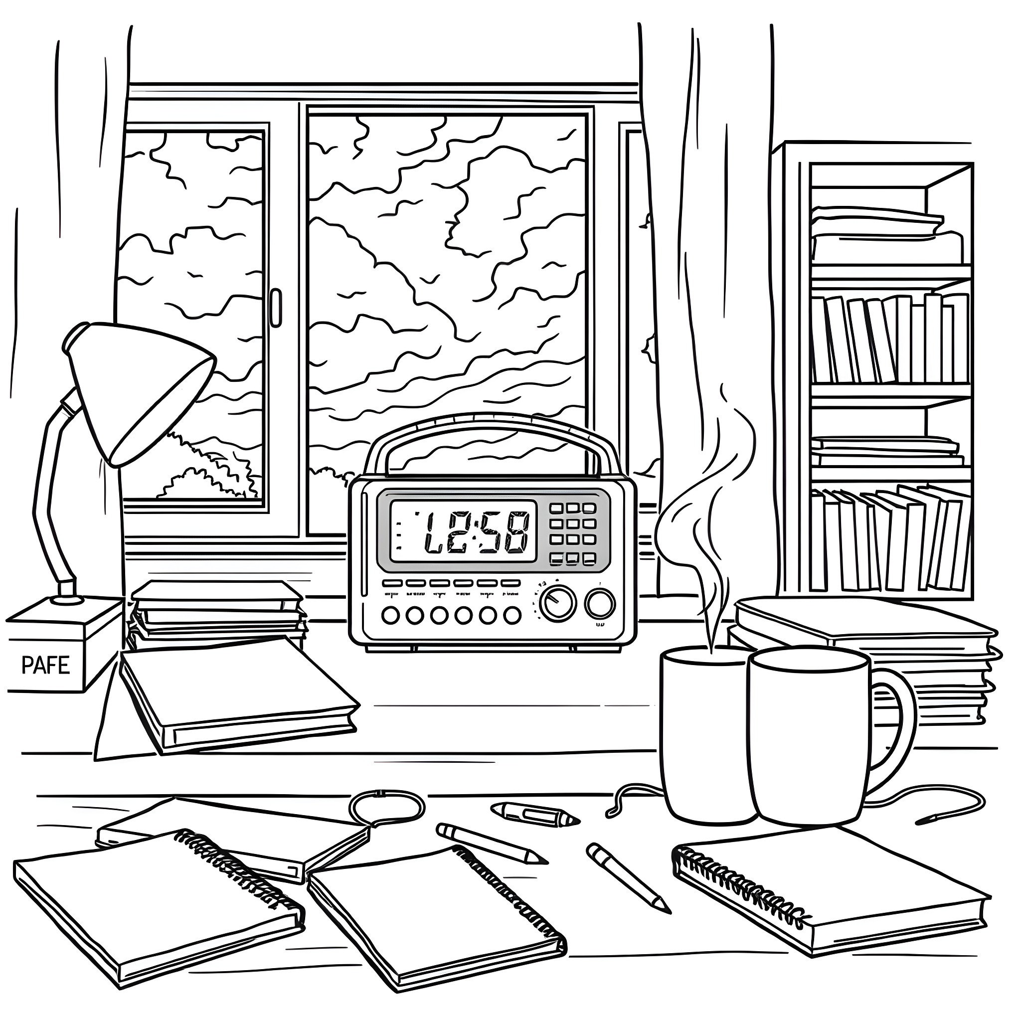 Weather Radio and Desk Items in a Cozy Study Coloring Page (free black-and-white line drawing printable PDF for all, from beginners to advanced learners, including children, teens, adults, and seniors)