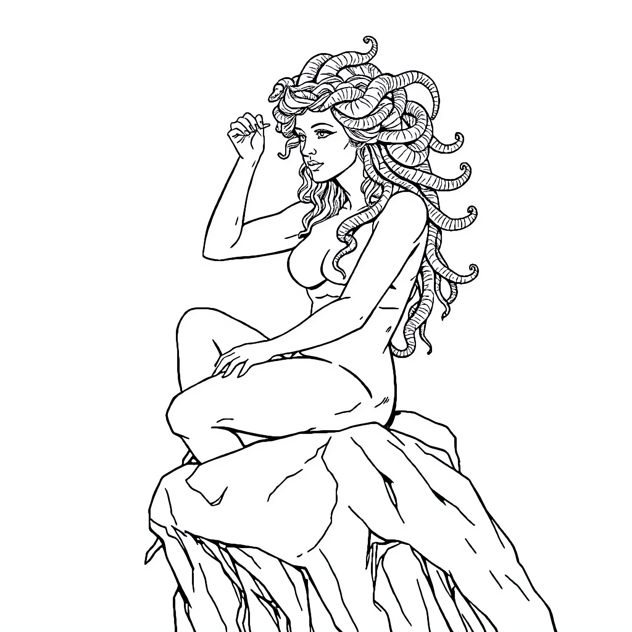Medusa with serpentine locks and contemplative pose Coloring Page (free black-and-white line drawing printable PDF for all, from beginners to advanced learners, including children, teens, adults, and seniors)