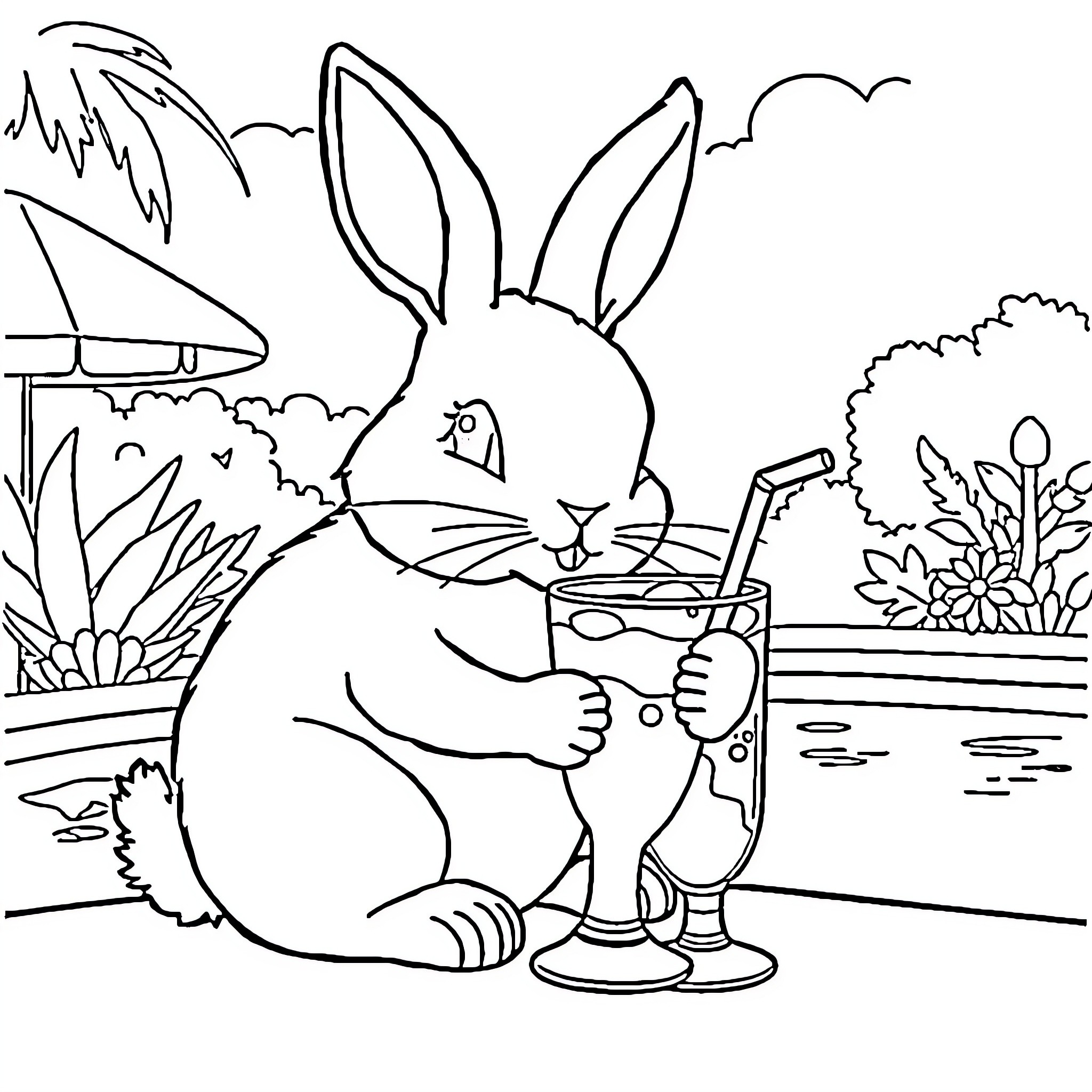 Rabbit enjoying a refreshing drink in the garden Coloring Page (free black-and-white line drawing printable PDF for all, from beginners to advanced learners, including children, teens, adults, and seniors)