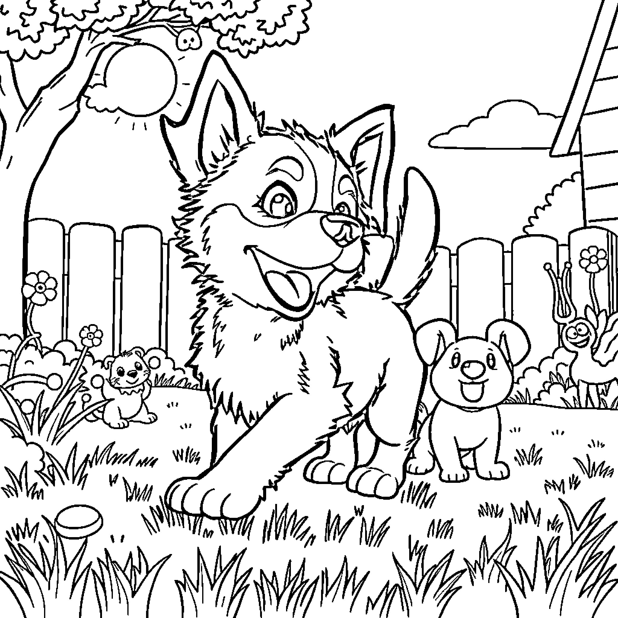 Bluey and friends enjoying the outdoors Coloring Page (free black-and-white line drawing printable PDF for all, from beginners to advanced learners, including children, teens, adults, and seniors)