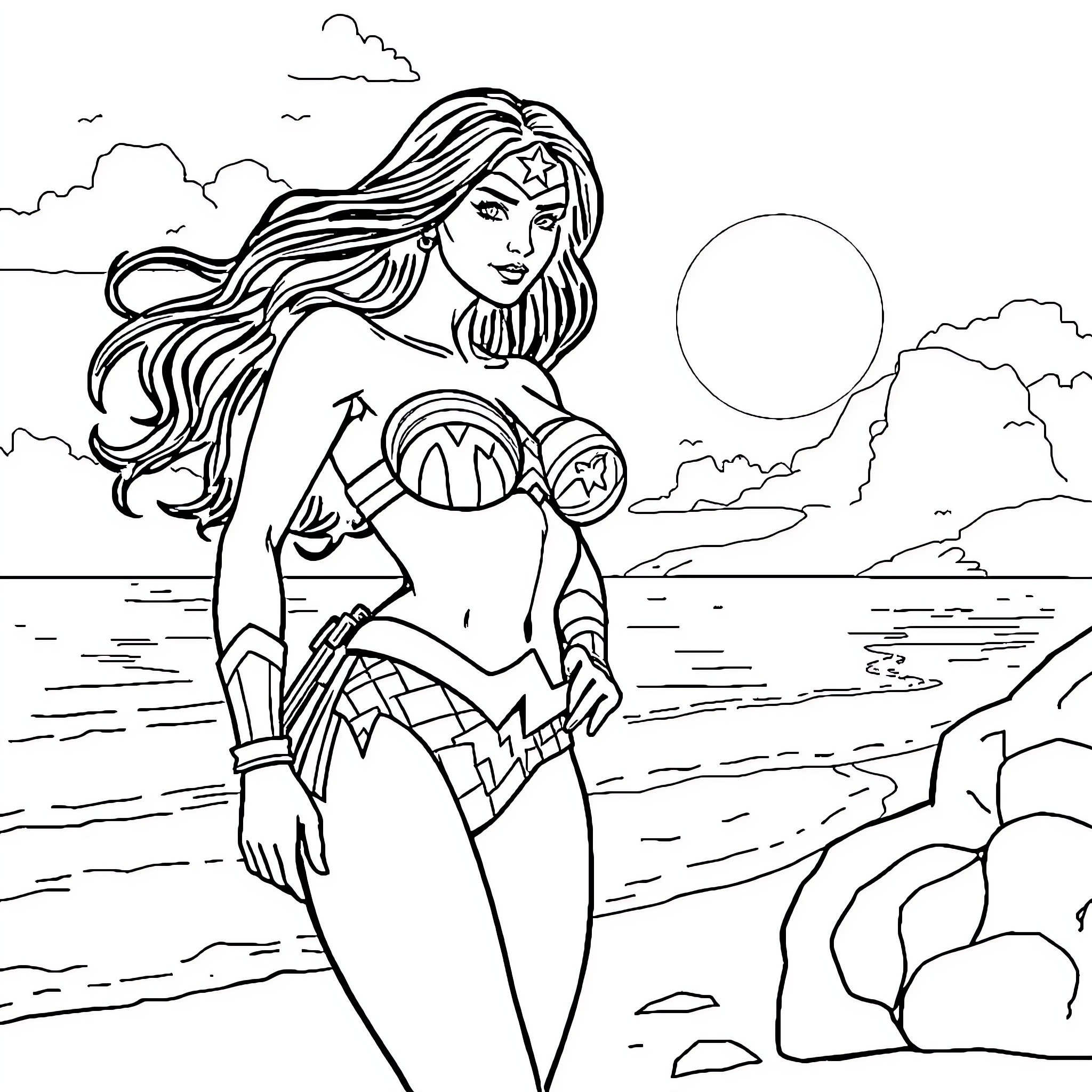 Wonder Woman standing heroically on the beach Coloring Page (free black-and-white line drawing printable PDF for all, from beginners to advanced learners, including children, teens, adults, and seniors)