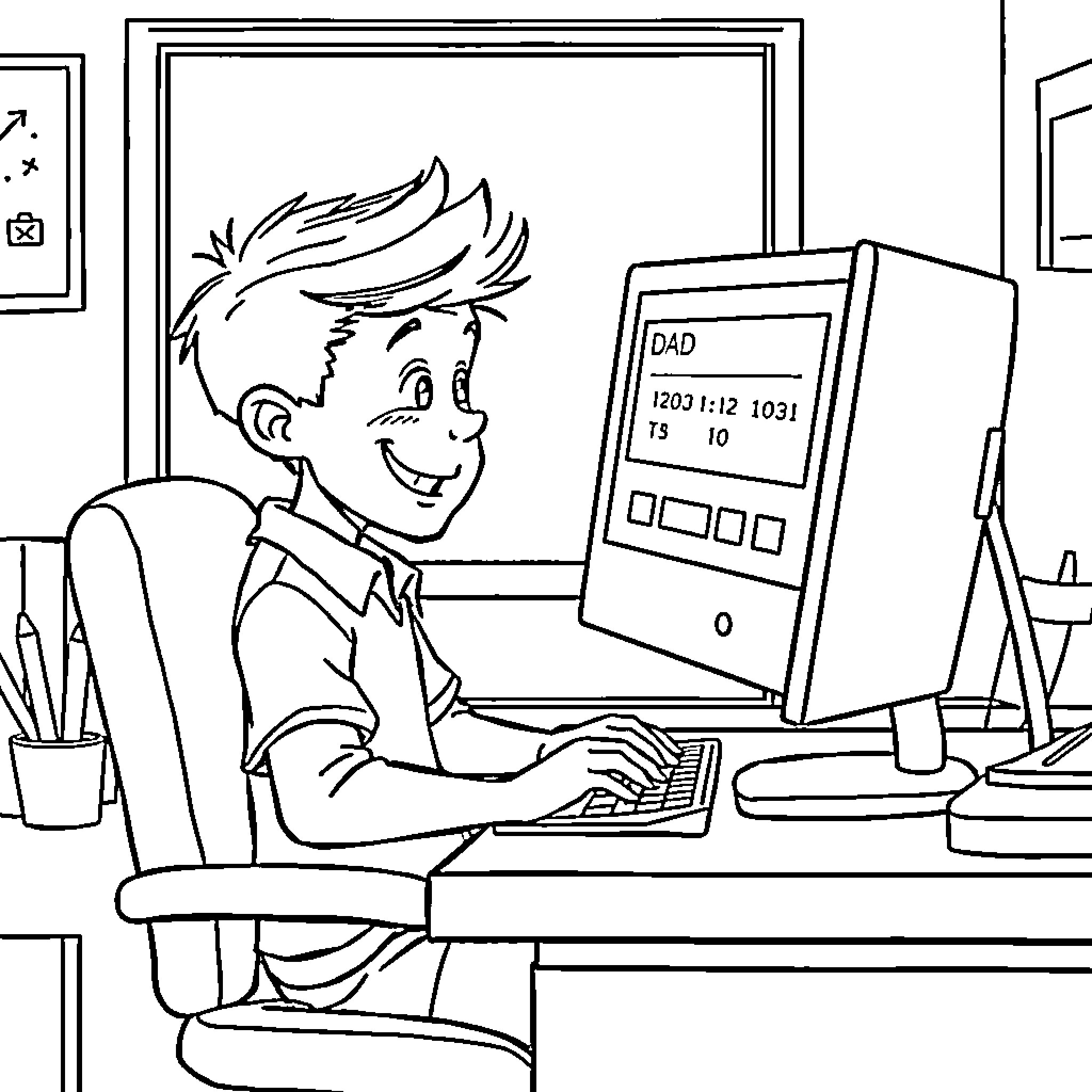 Boy working diligently on computer in his room Coloring Page (free black-and-white line drawing printable PDF for all, from beginners to advanced learners, including children, teens, adults, and seniors)