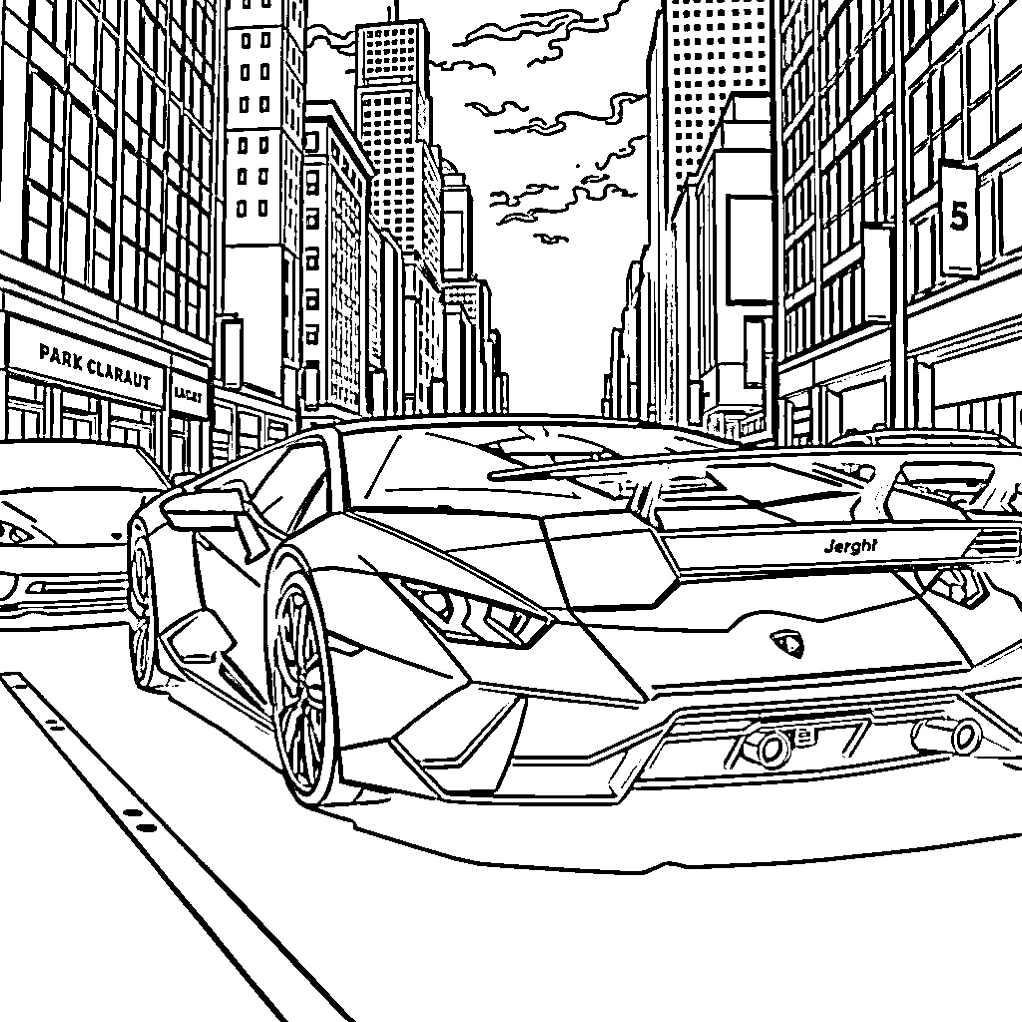 Lambo speeding through the city streets Coloring Page (free black-and-white line drawing printable PDF for all, from beginners to advanced learners, including children, teens, adults, and seniors)