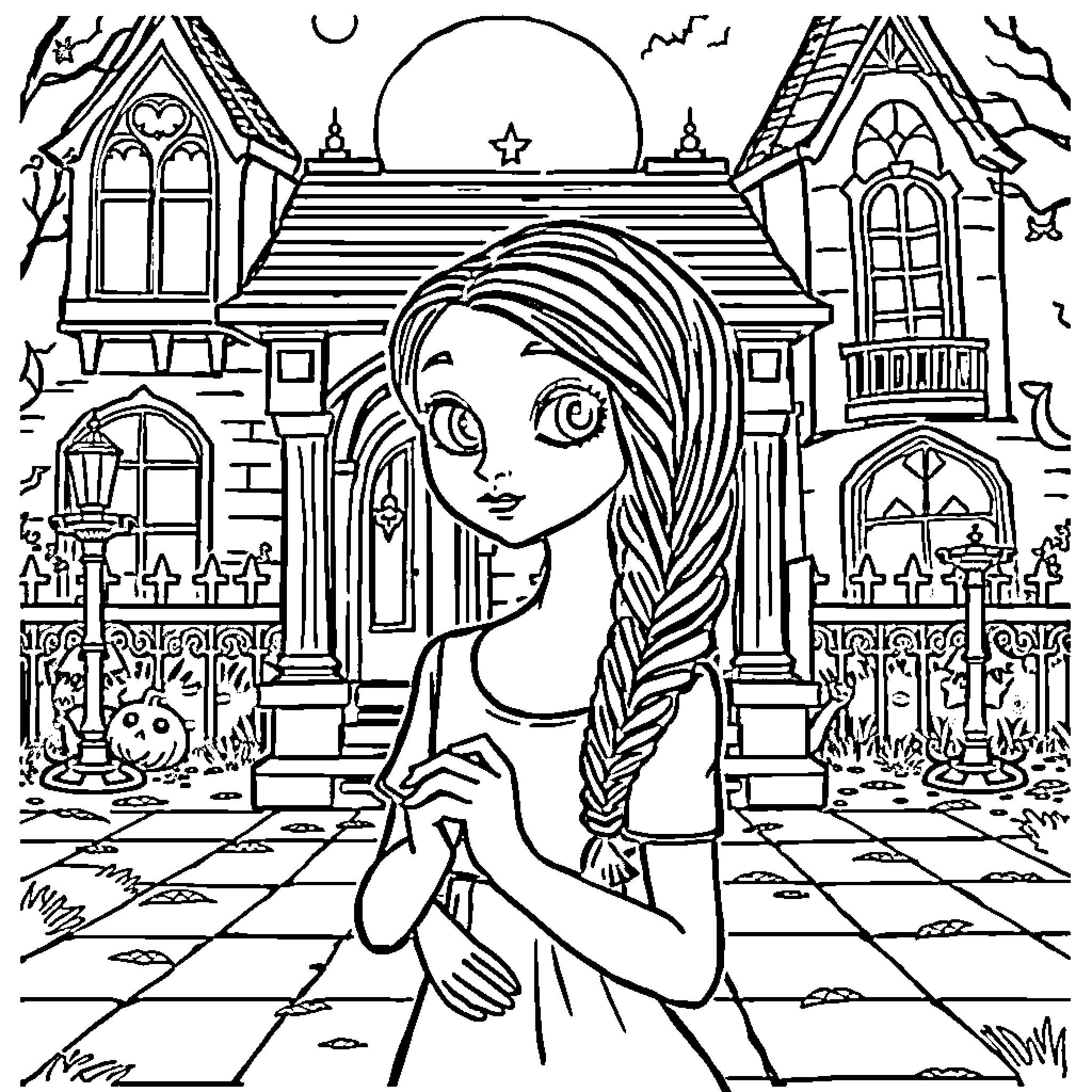 Wednesday at the Enchanted Castle Coloring Page (free black-and-white line drawing printable PDF for all, from beginners to advanced learners, including children, teens, adults, and seniors)