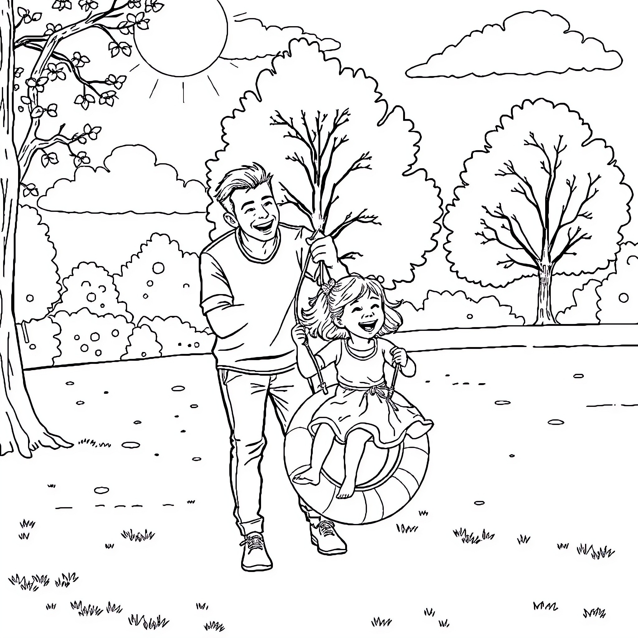 Father and child enjoying a sunny day outdoors Coloring Page (free black-and-white line drawing printable PDF for all, from beginners to advanced learners, including children, teens, adults, and seniors)