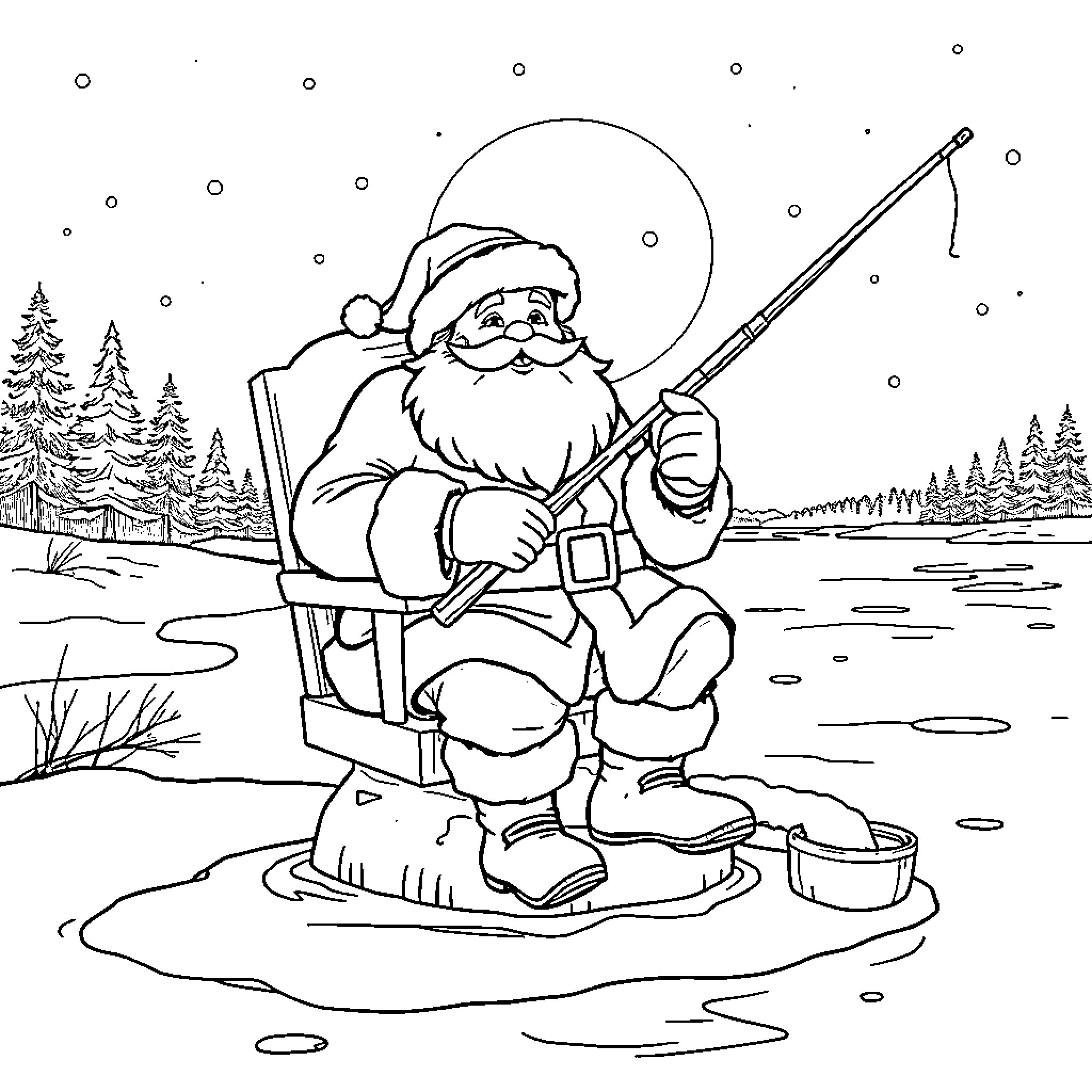Santa fishing on a snowy lake Coloring Page (free black-and-white line drawing printable PDF for all, from beginners to advanced learners, including children, teens, adults, and seniors)