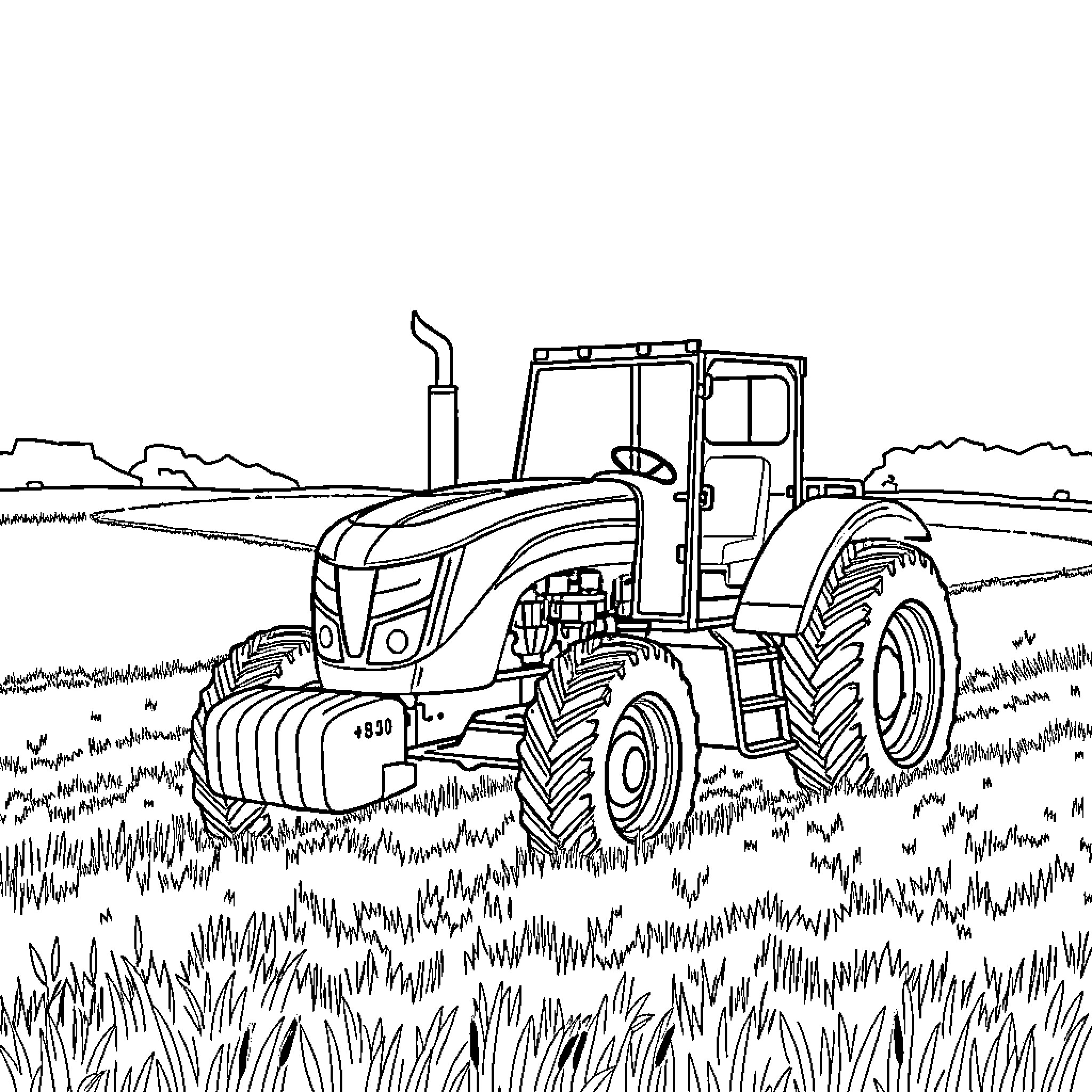 Tractor plowing through grassy field in countryside Coloring Page (free black-and-white line drawing printable PDF for all, from beginners to advanced learners, including children, teens, adults, and seniors)