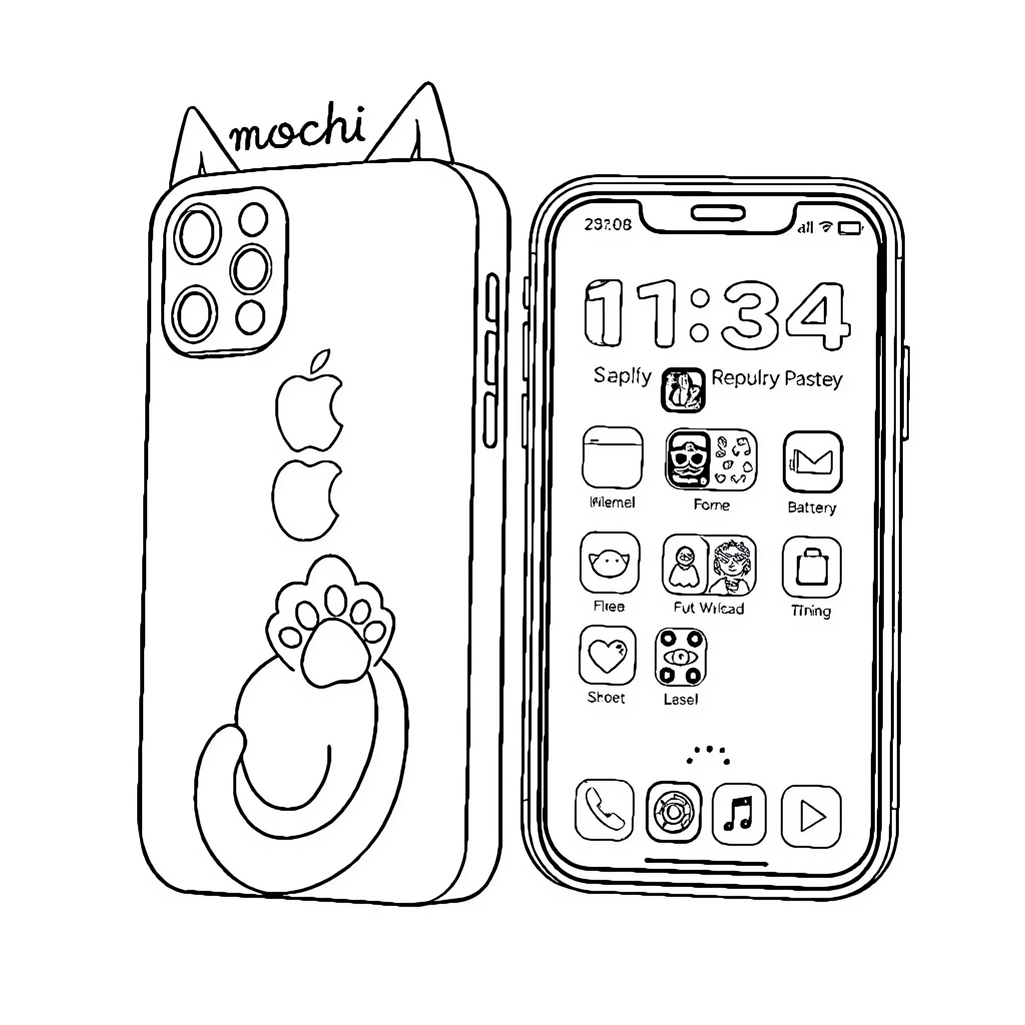 Cat-themed mobile phone case Coloring Page (free black-and-white line drawing printable PDF for all, from beginners to advanced learners, including children, teens, adults, and seniors)