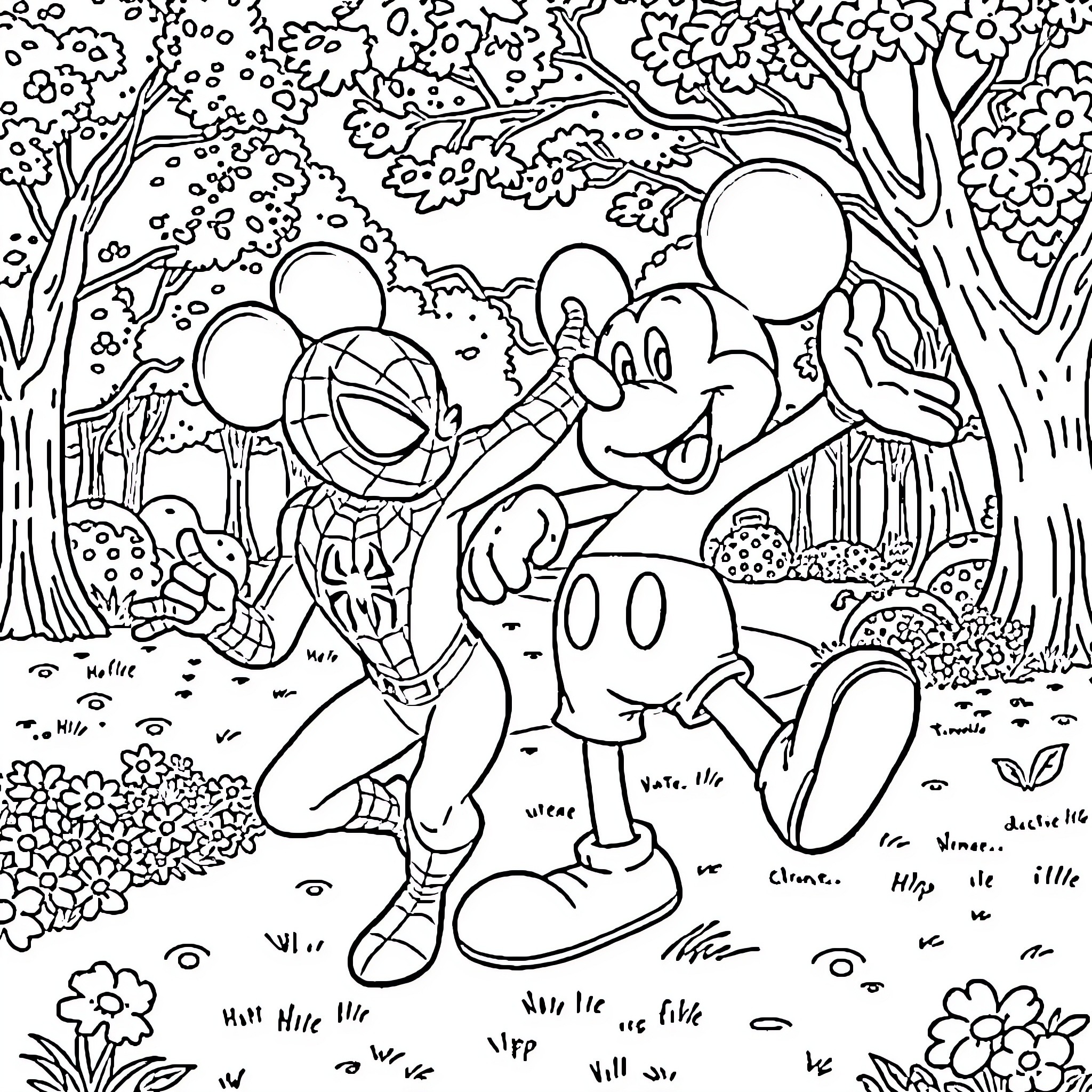 Spiderman swinging through a whimsical forest landscape Coloring Page (free black-and-white line drawing printable PDF for all, from beginners to advanced learners, including children, teens, adults, and seniors)