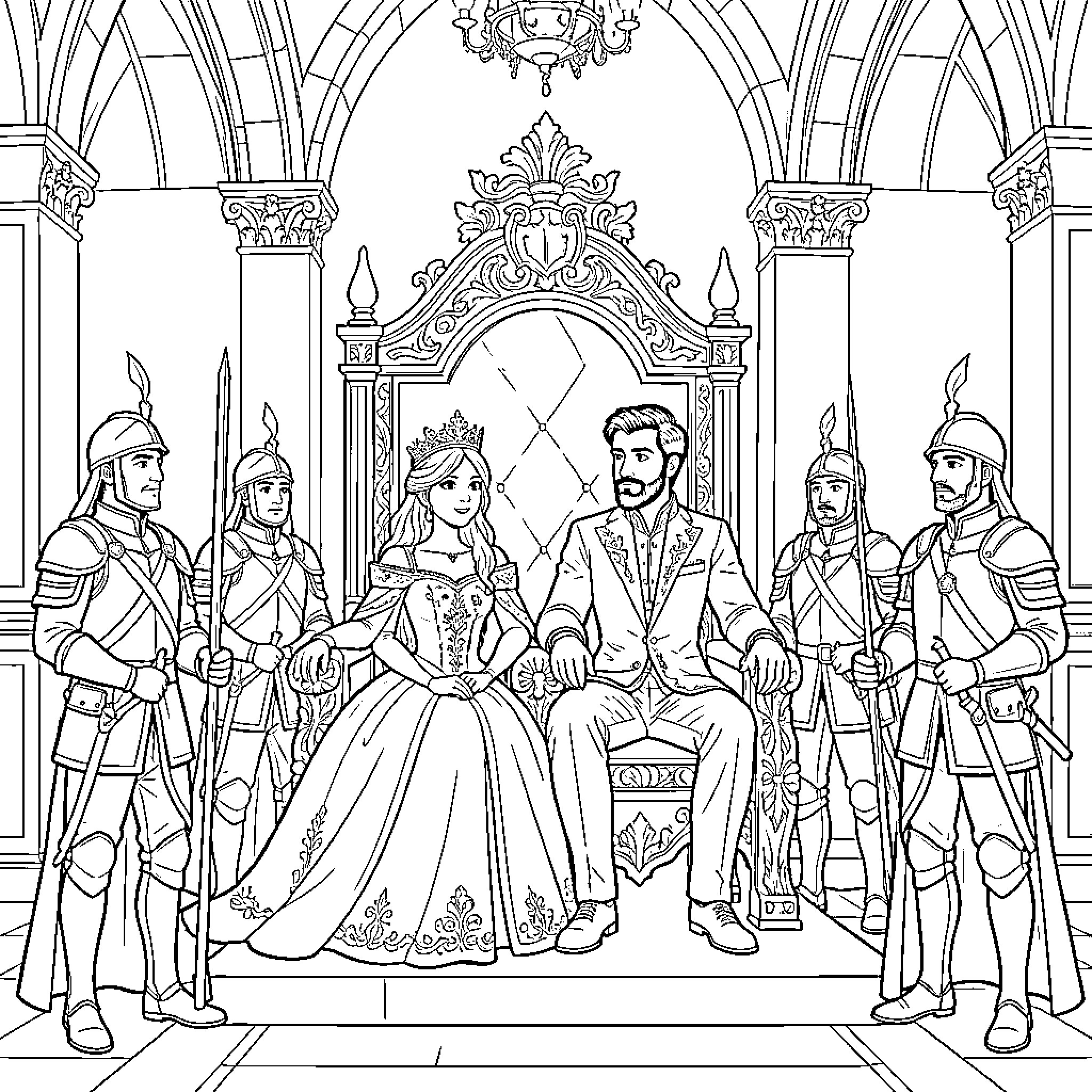 Princess sitting on a throne with her king Coloring Page (free black-and-white line drawing printable PDF for all, from beginners to advanced learners, including children, teens, adults, and seniors)