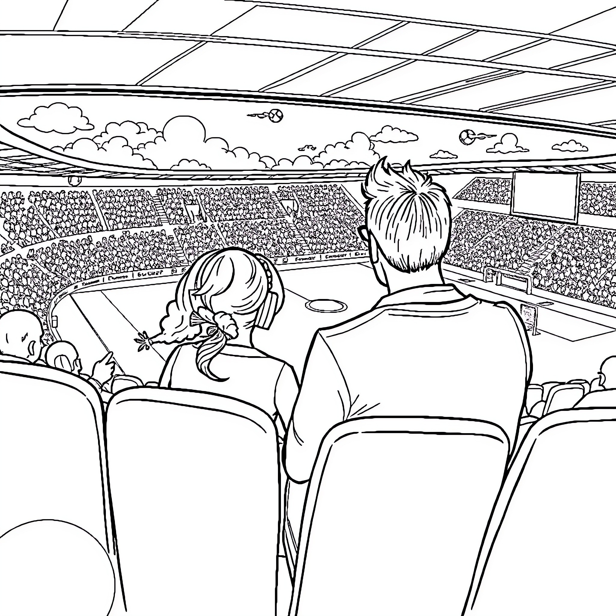 Daddy and child enjoy a sporting event together Coloring Page (free black-and-white line drawing printable PDF for all, from beginners to advanced learners, including children, teens, adults, and seniors)
