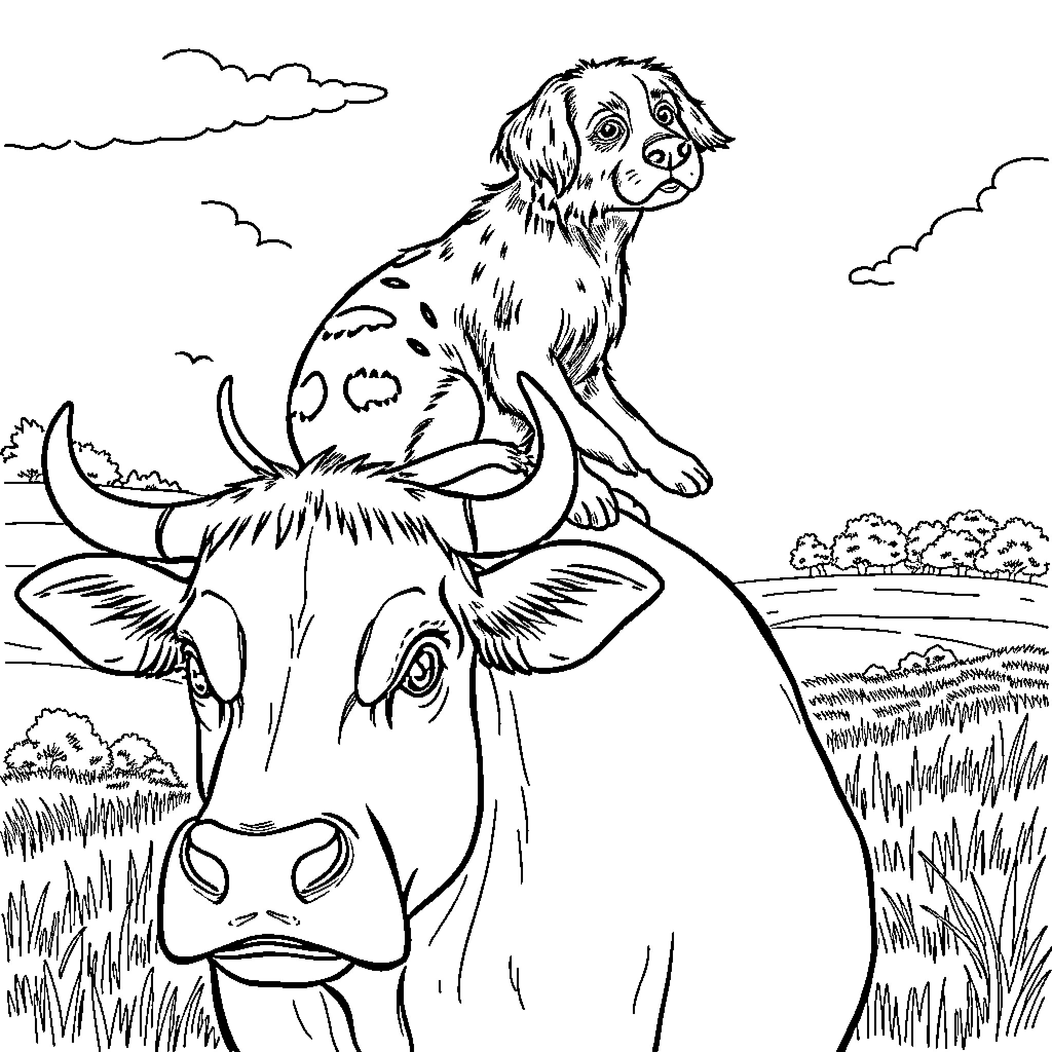 Cat sitting on top of a cow in the countryside Coloring Page (free black-and-white line drawing printable PDF for all, from beginners to advanced learners, including children, teens, adults, and seniors)