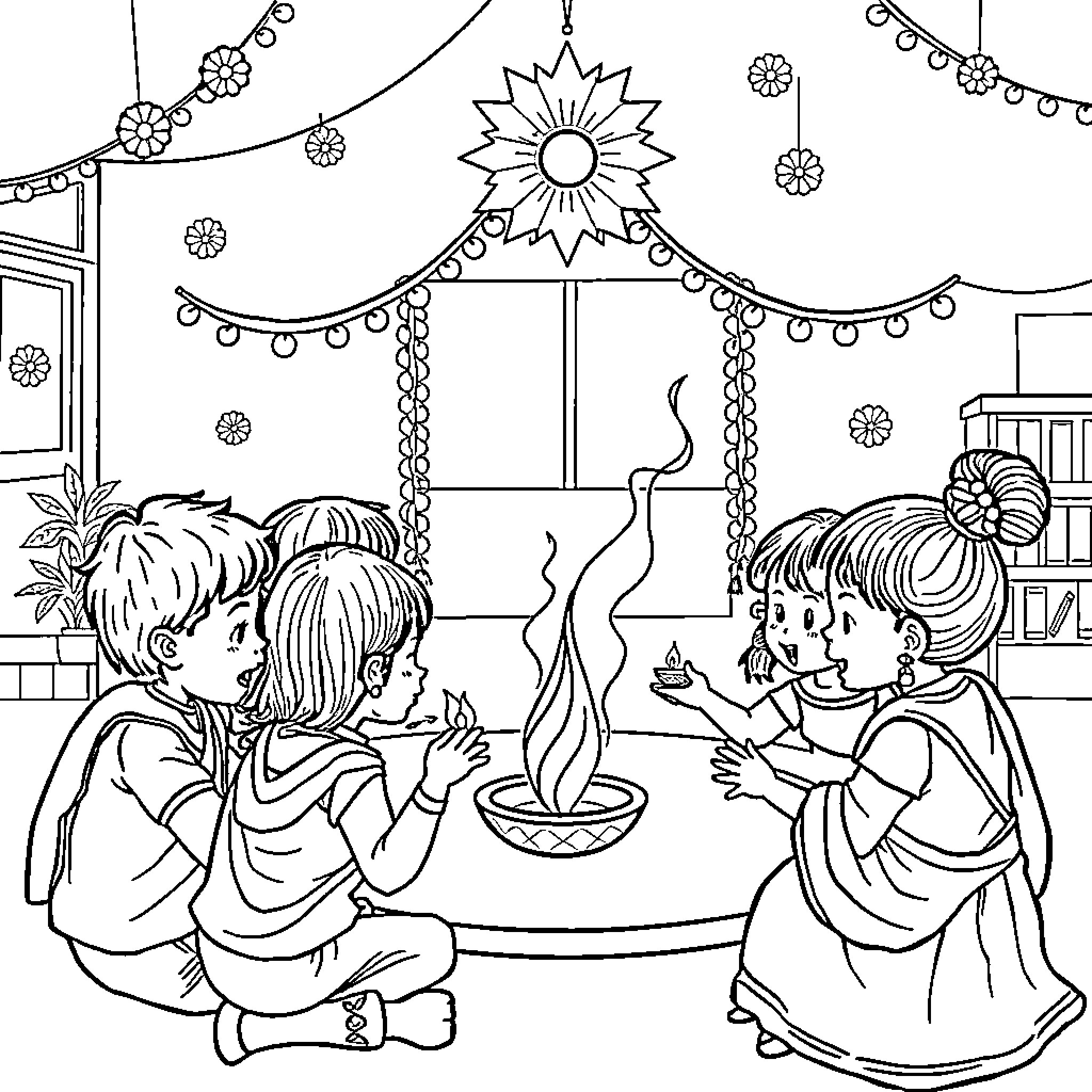 Diwali celebration with children enjoying festivities Coloring Page (free black-and-white line drawing printable PDF for all, from beginners to advanced learners, including children, teens, adults, and seniors)