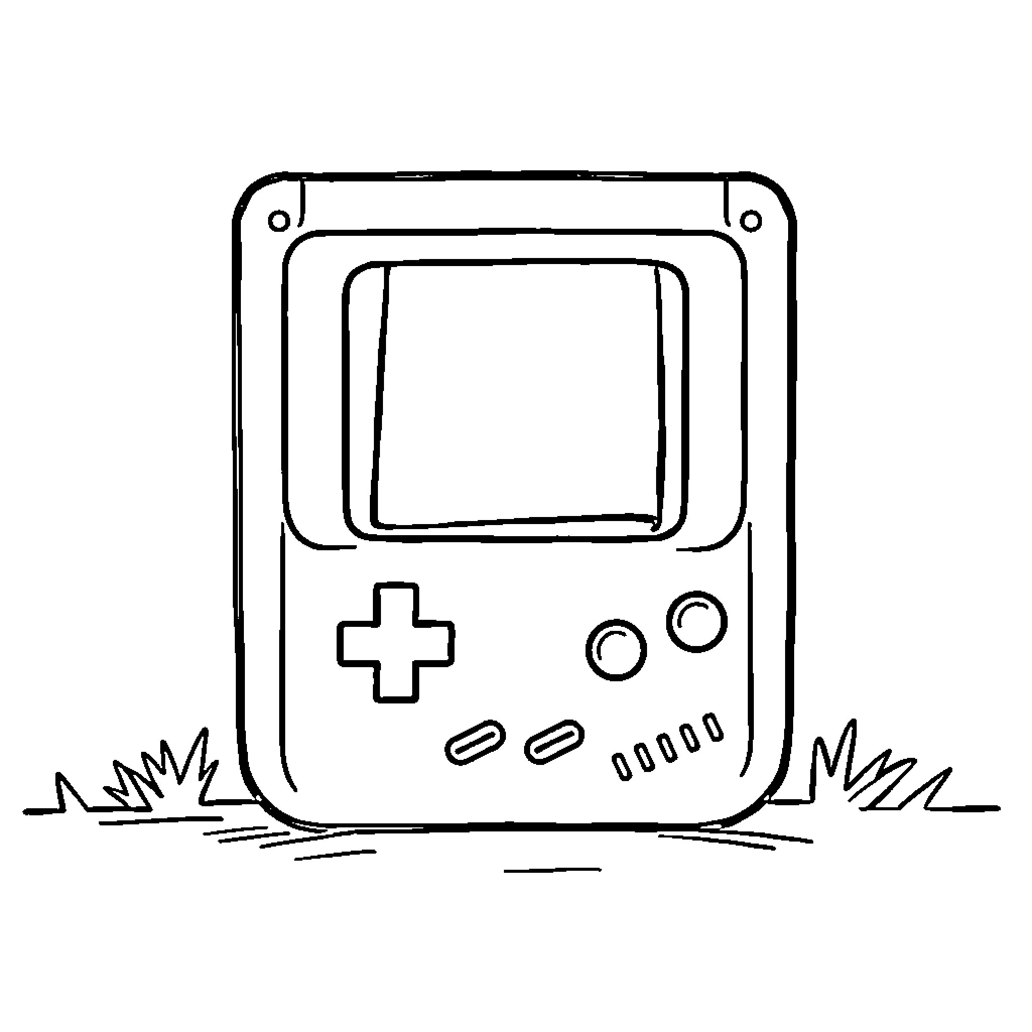 Nintendo handheld gaming device in the grass Coloring Page (free black-and-white line drawing printable PDF for all, from beginners to advanced learners, including children, teens, adults, and seniors)