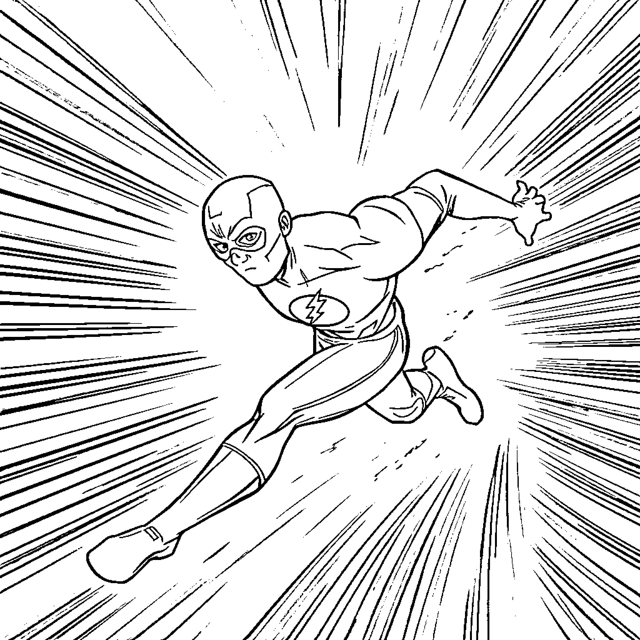 Flash heroically dashing into action Coloring Page (free black-and-white line drawing printable PDF for all, from beginners to advanced learners, including children, teens, adults, and seniors)