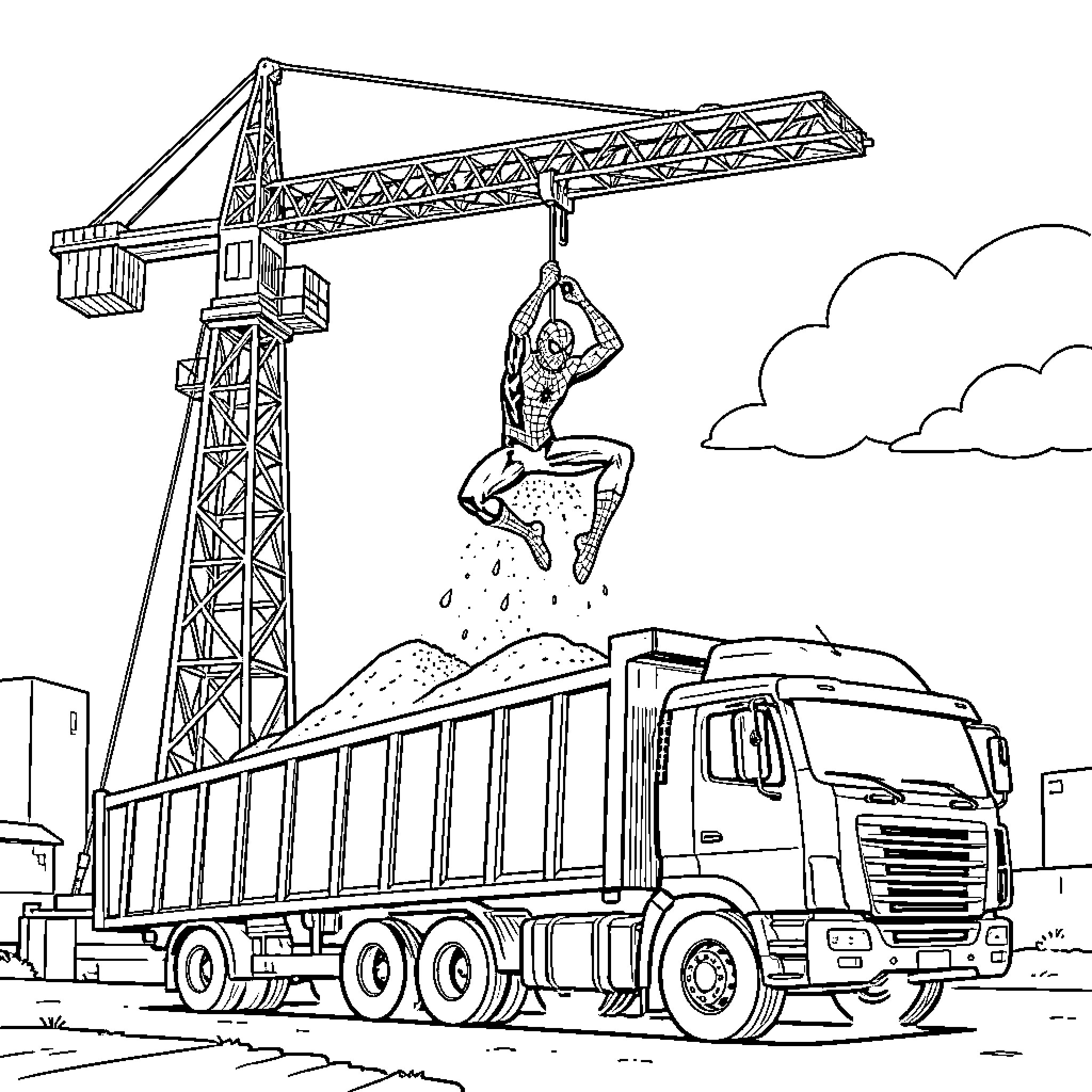 Spiderman swinging above a construction site with a crane Coloring Page (free black-and-white line drawing printable PDF for all, from beginners to advanced learners, including children, teens, adults, and seniors)