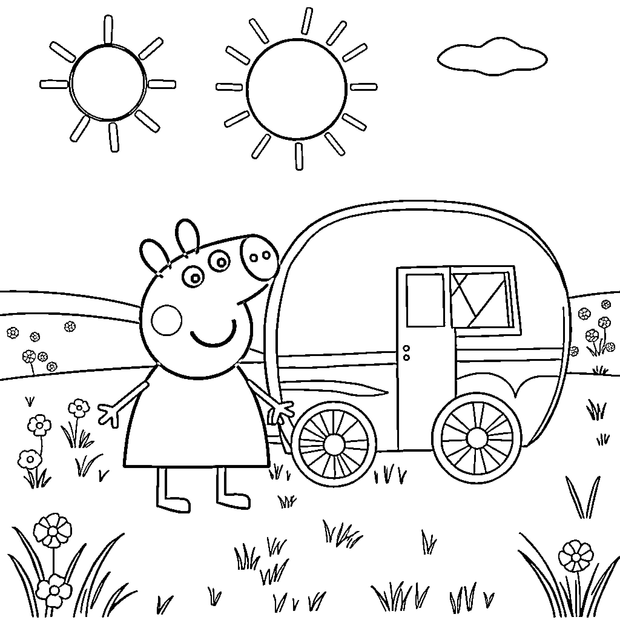 Peppa Pig camping with camper in the countryside Coloring Page (free black-and-white line drawing printable PDF for all, from beginners to advanced learners, including children, teens, adults, and seniors)