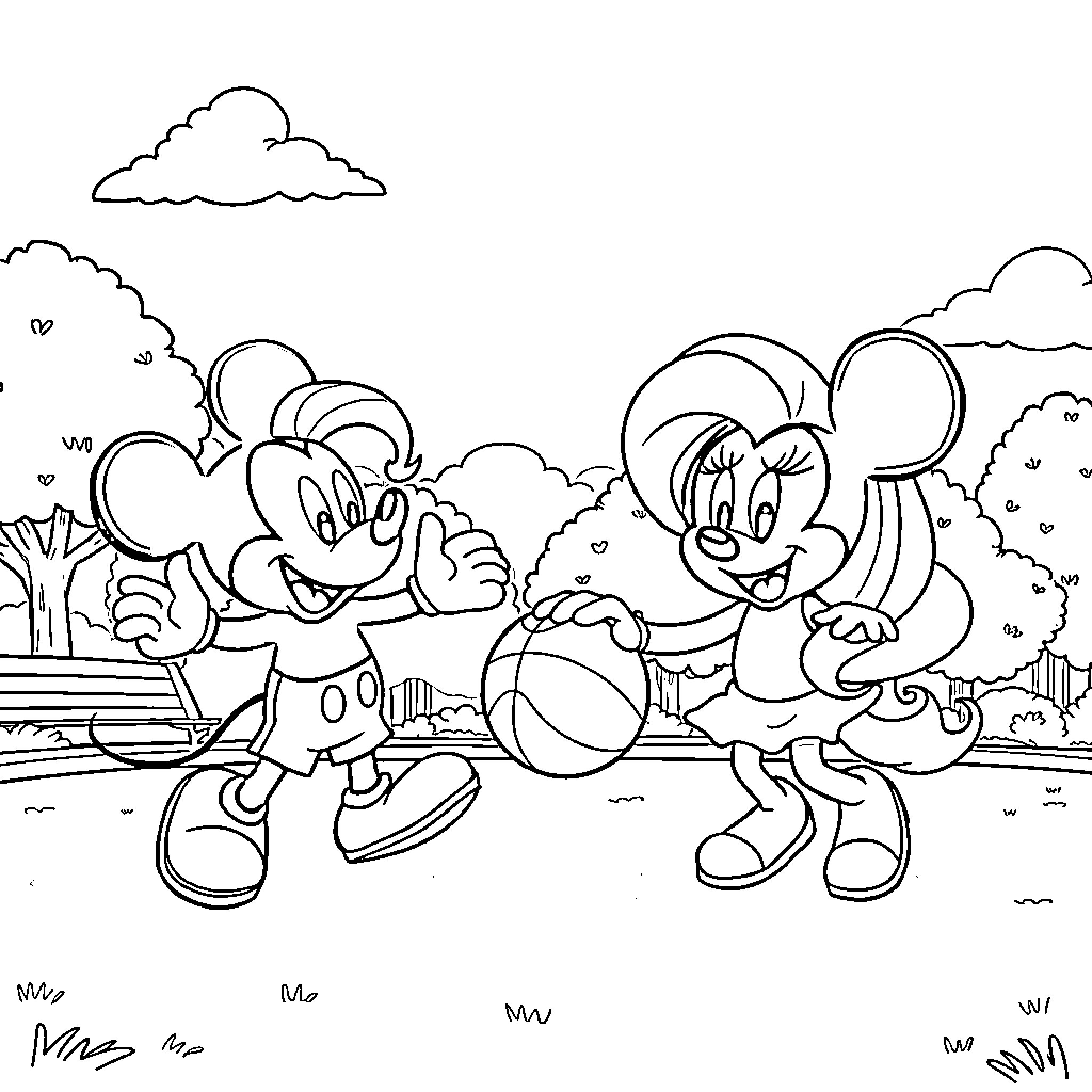 Mickey and Minnie Enjoying Outdoor Adventure Coloring Page (free black-and-white line drawing printable PDF for all, from beginners to advanced learners, including children, teens, adults, and seniors)