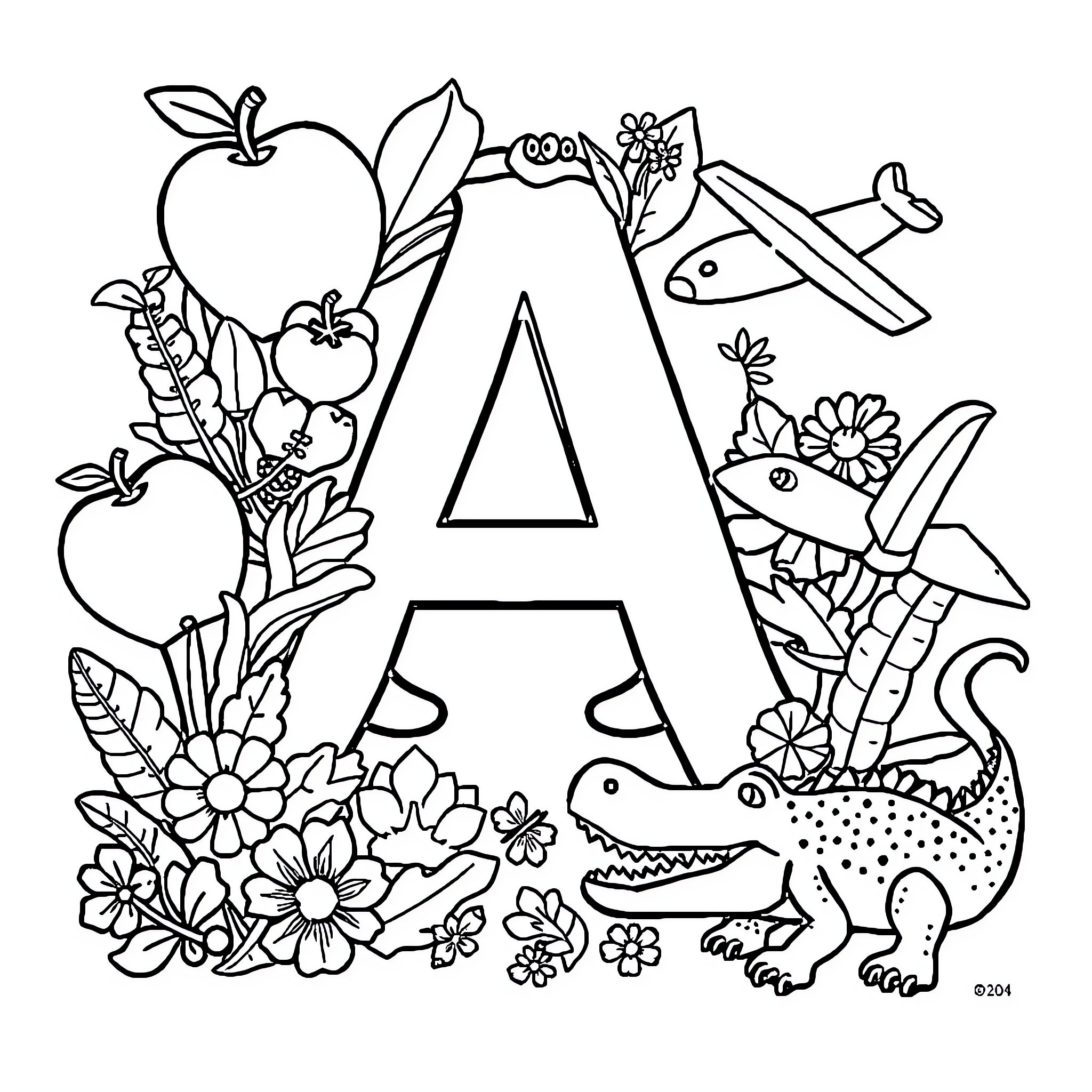 Letter A with Assorted Flora and Fauna Coloring Page (free black-and-white line drawing printable PDF for all, from beginners to advanced learners, including children, teens, adults, and seniors)
