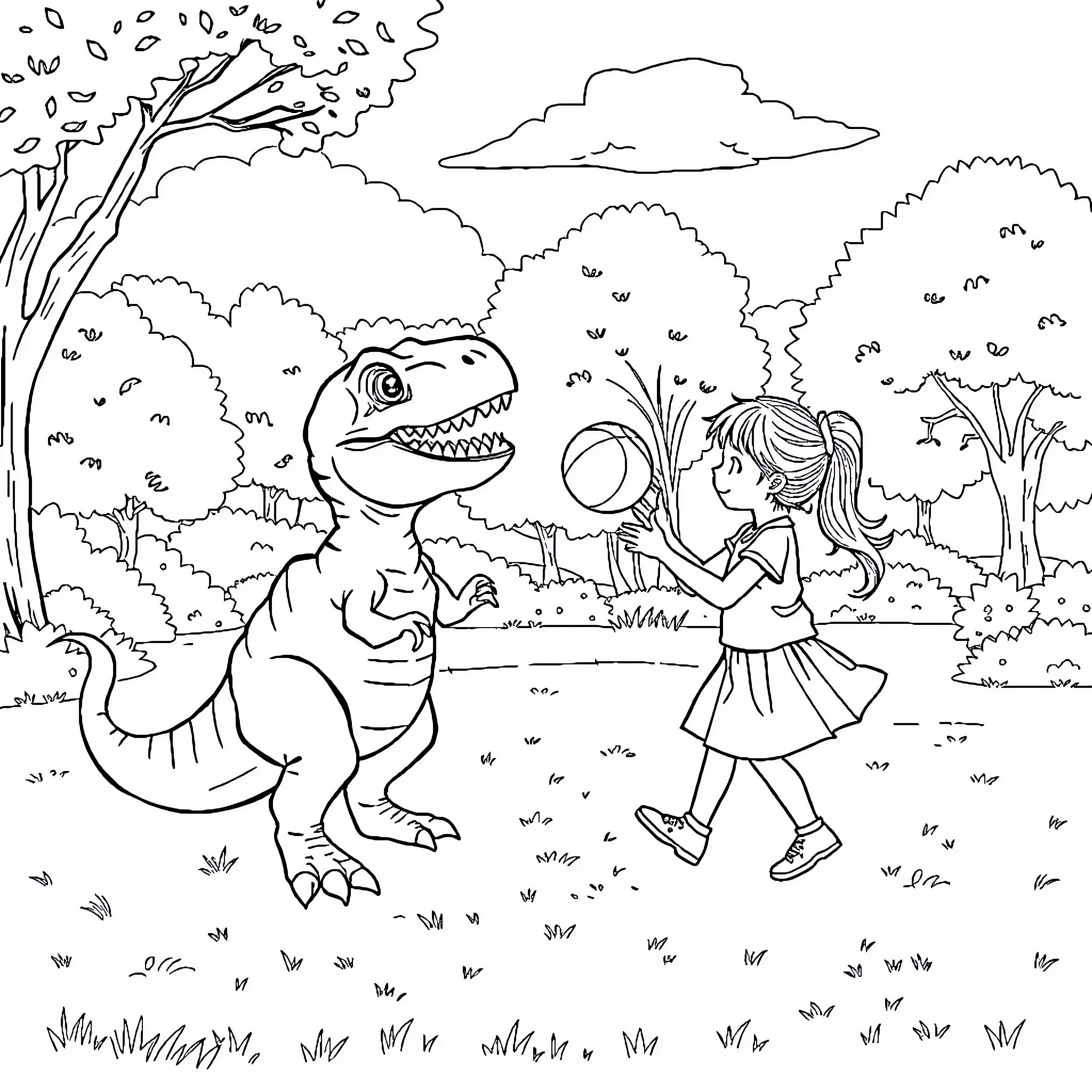 T-Rex playing catch with young girl in nature Coloring Page (free black-and-white line drawing printable PDF for all, from beginners to advanced learners, including children, teens, adults, and seniors)