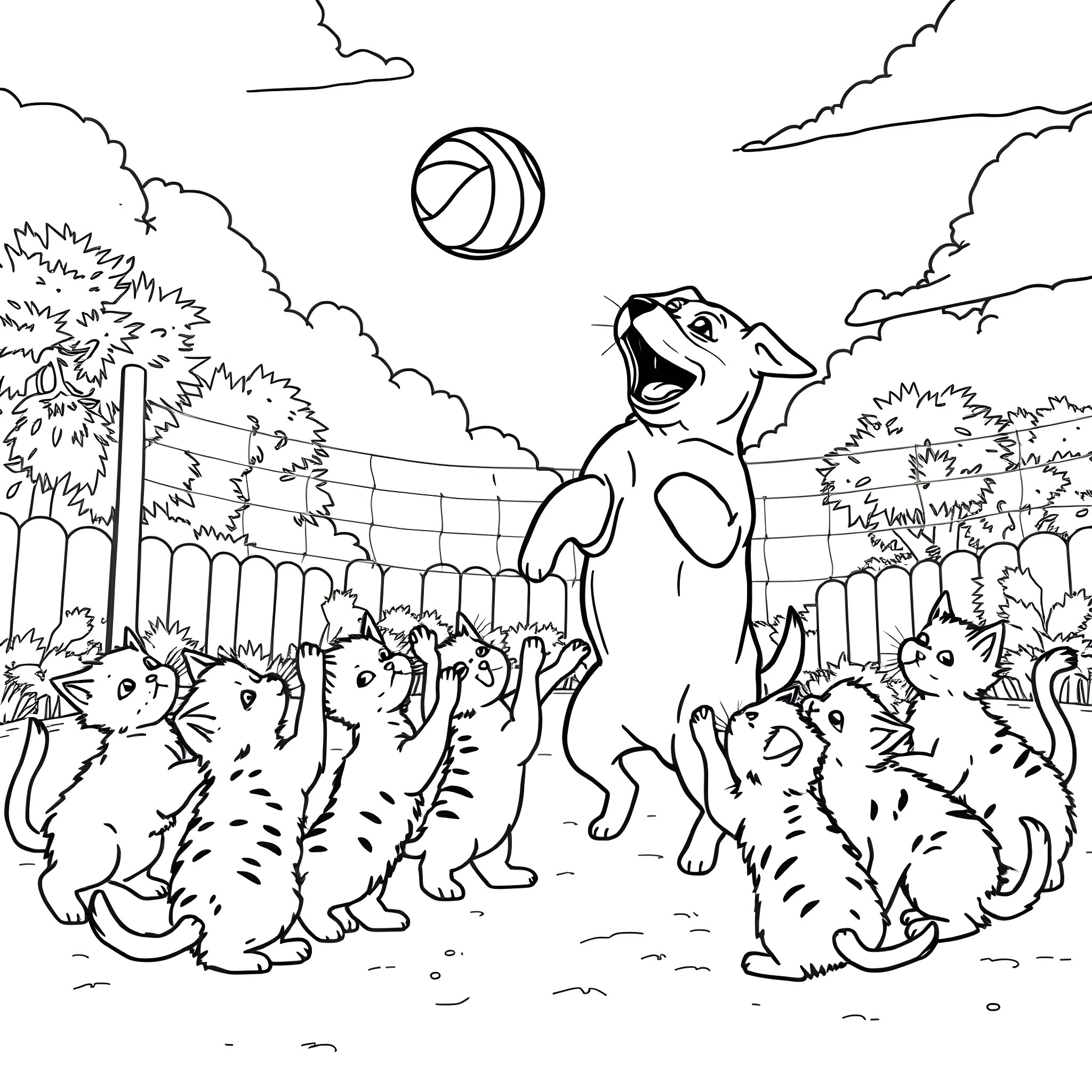 Dog playing joyfully with cat friends Coloring Page (free black-and-white line drawing printable PDF for all, from beginners to advanced learners, including children, teens, adults, and seniors)