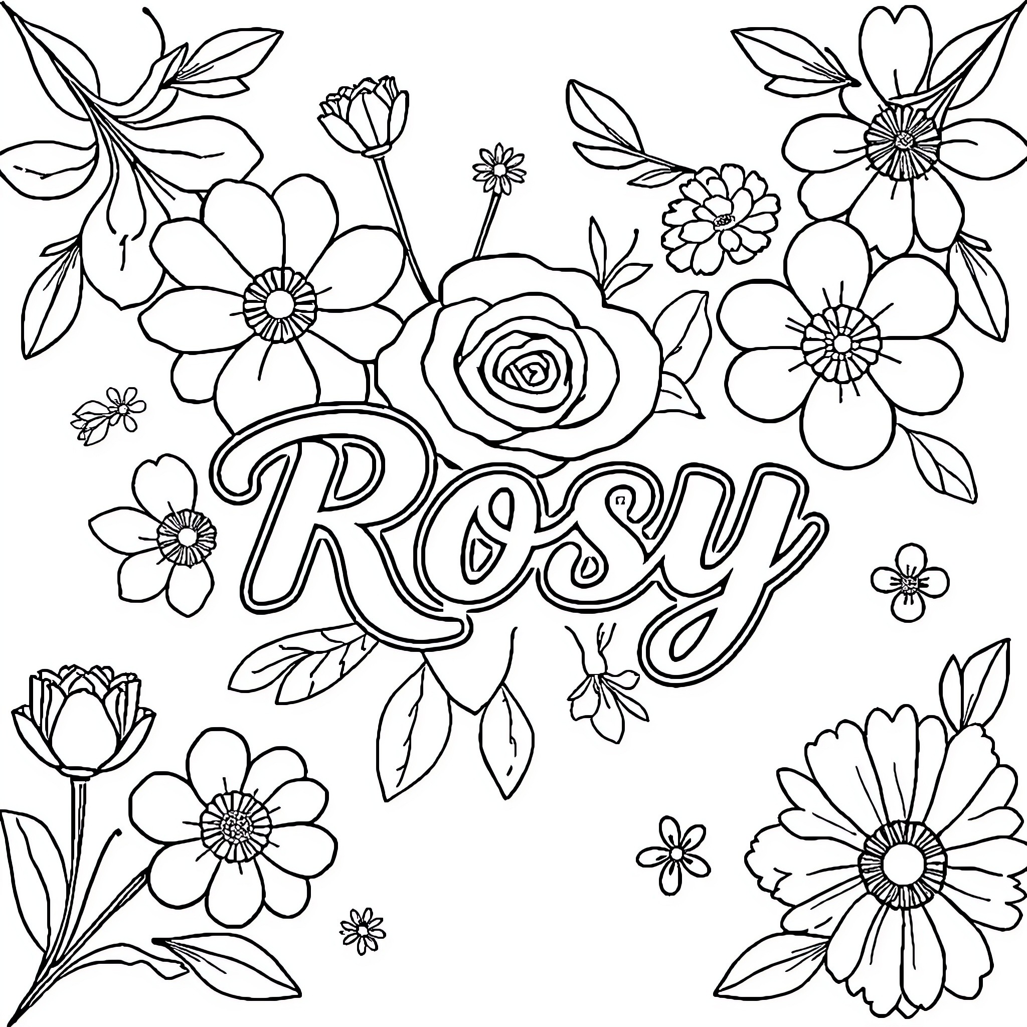 Logo of floral arrangement with the name Rosy Coloring Page (free black-and-white line drawing printable PDF for all, from beginners to advanced learners, including children, teens, adults, and seniors)
