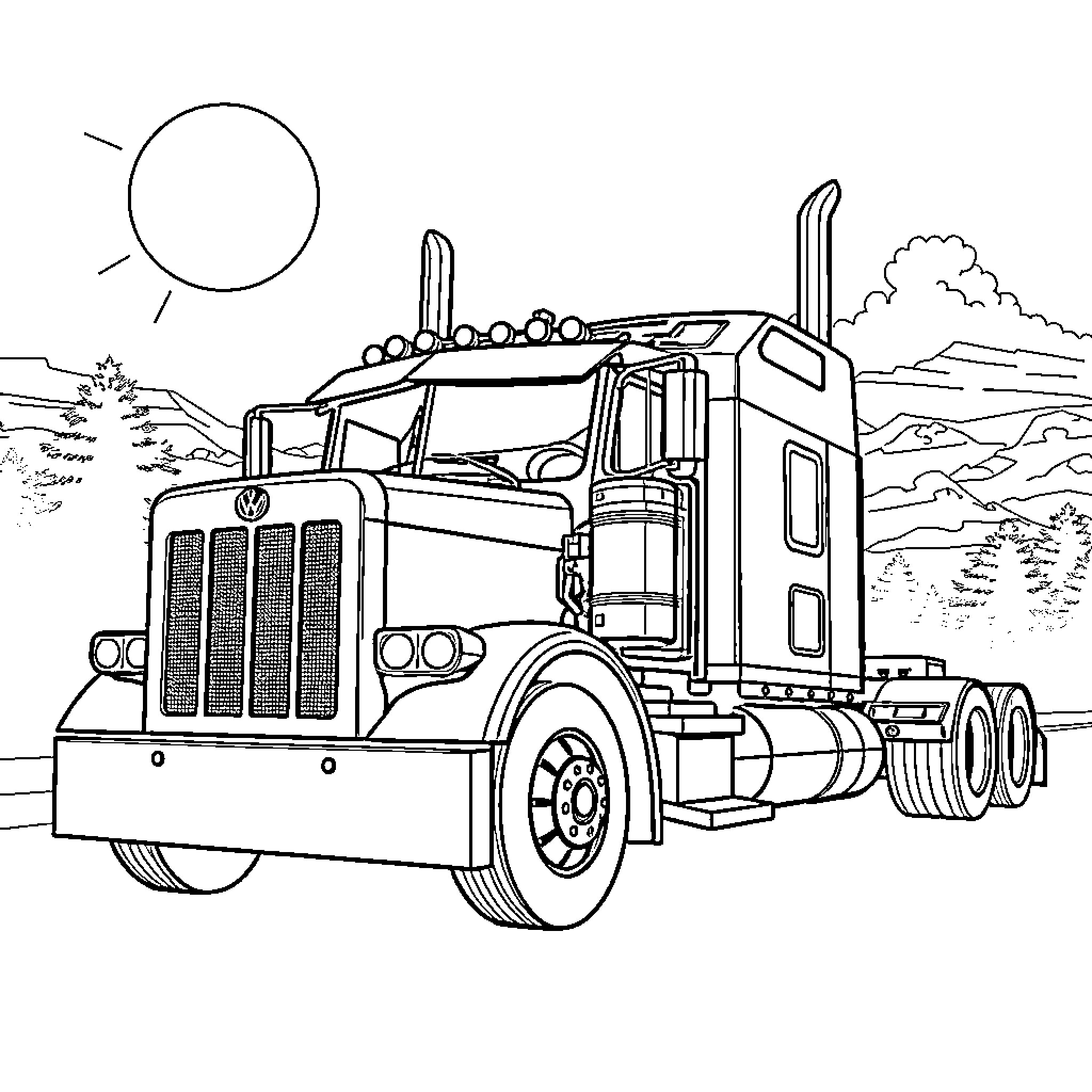 Truck hauling cargo through the countryside Coloring Page (free black-and-white line drawing printable PDF for all, from beginners to advanced learners, including children, teens, adults, and seniors)