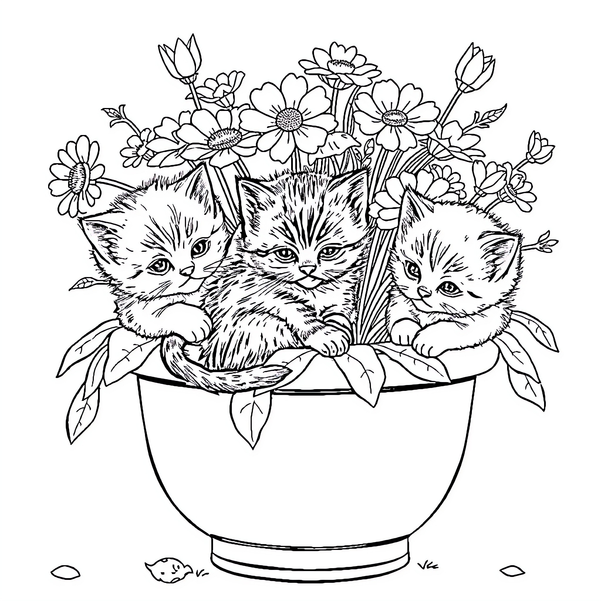 Kittens in a Floral Basket Coloring Page (free black-and-white line drawing printable PDF for all, from beginners to advanced learners, including children, teens, adults, and seniors)
