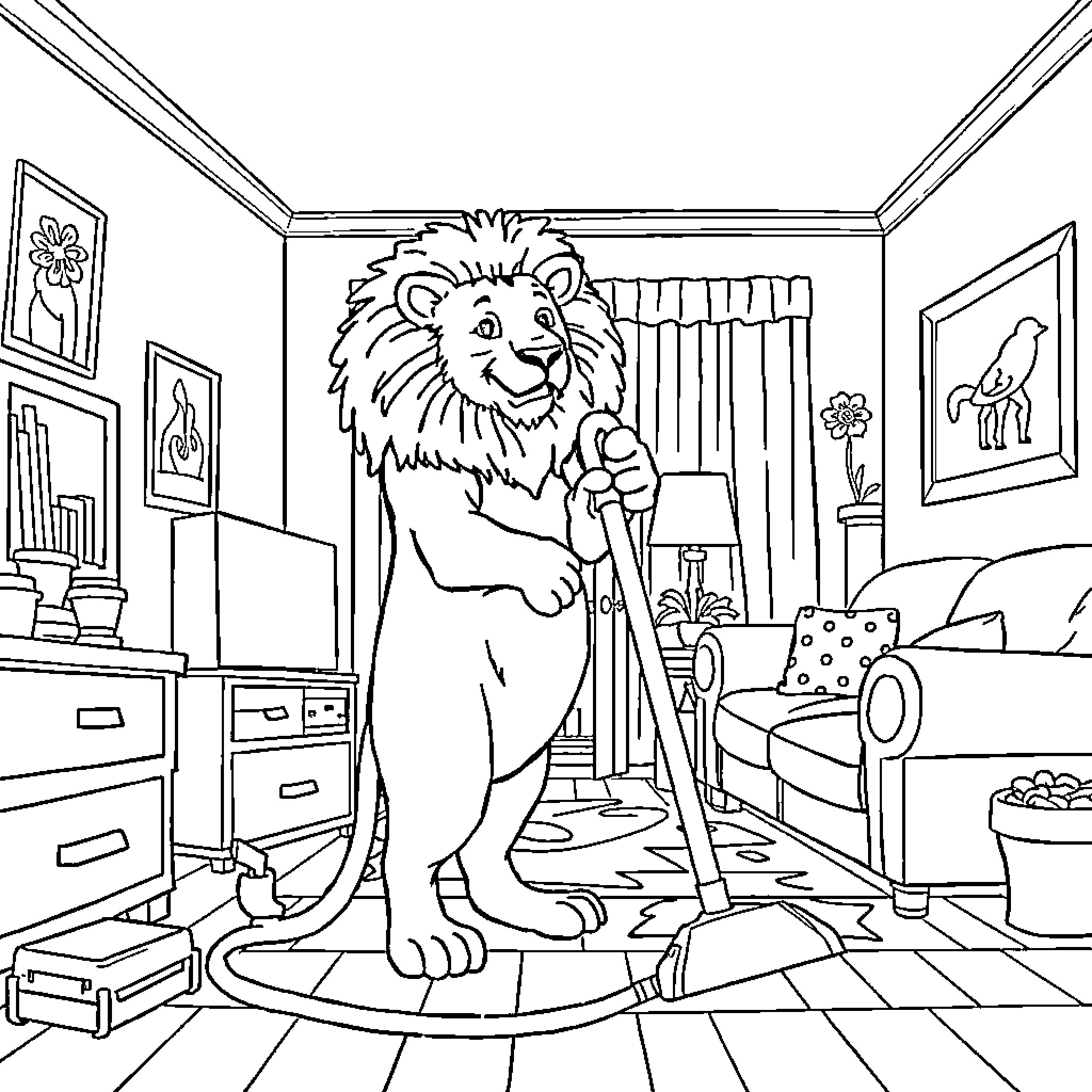 Lion Cleaning and Tidying Up a Messy Room Coloring Page (free black-and-white line drawing printable PDF for all, from beginners to advanced learners, including children, teens, adults, and seniors)