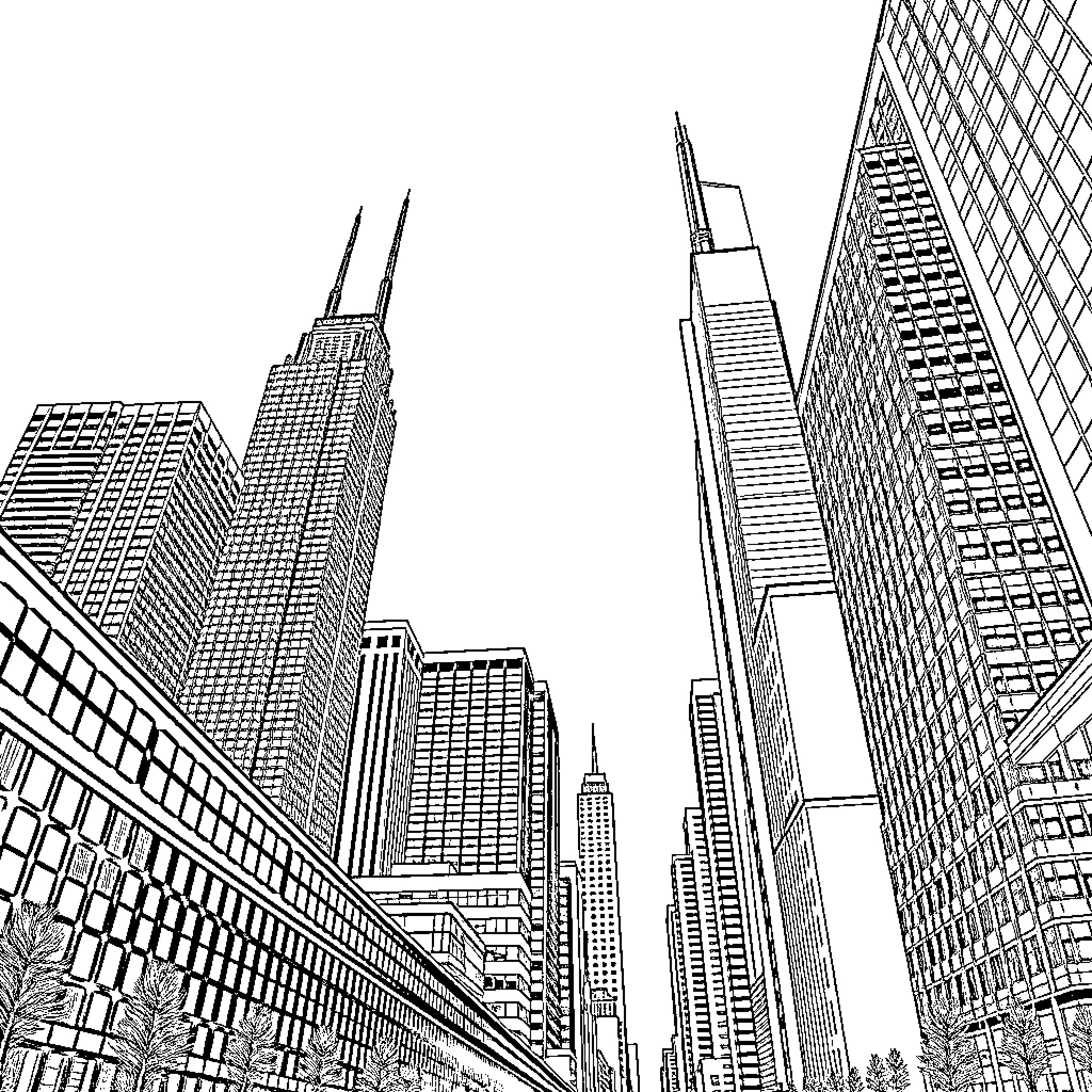 Chicago urban skyline with towering skyscrapers Coloring Page (free black-and-white line drawing printable PDF for all, from beginners to advanced learners, including children, teens, adults, and seniors)