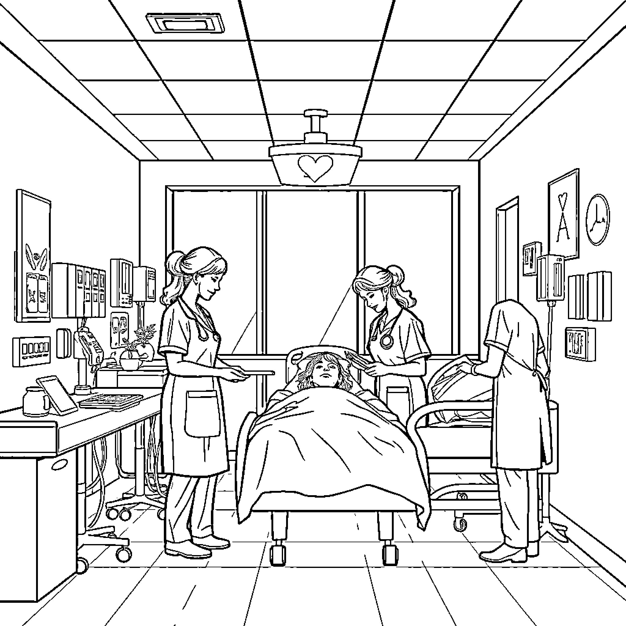 Nursing Care in the Hospital Ward Coloring Page (free black-and-white line drawing printable PDF for all, from beginners to advanced learners, including children, teens, adults, and seniors)