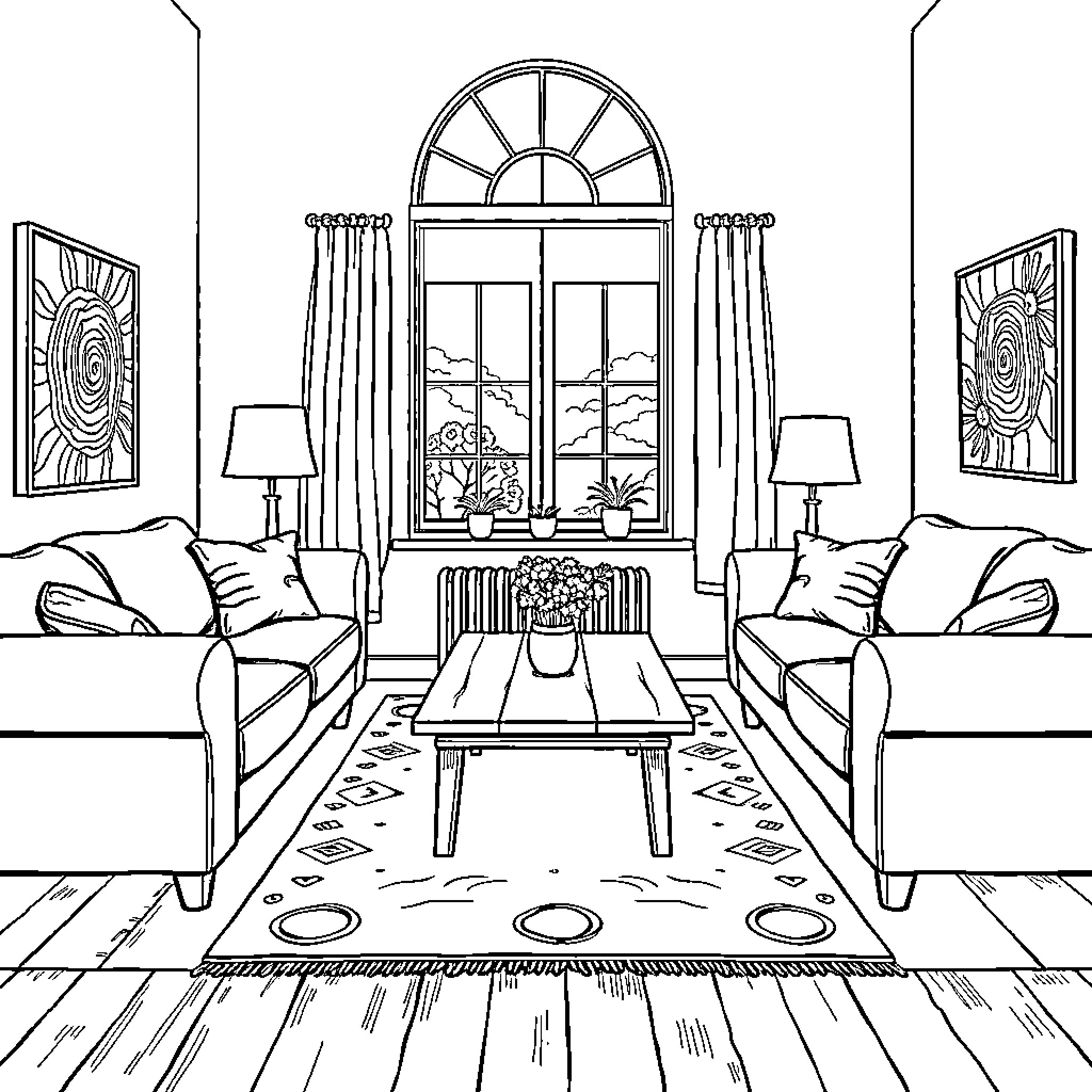 Lounge Room with Cozy Furnishings and Scenic Window View Coloring Page (free black-and-white line drawing printable PDF for all, from beginners to advanced learners, including children, teens, adults, and seniors)