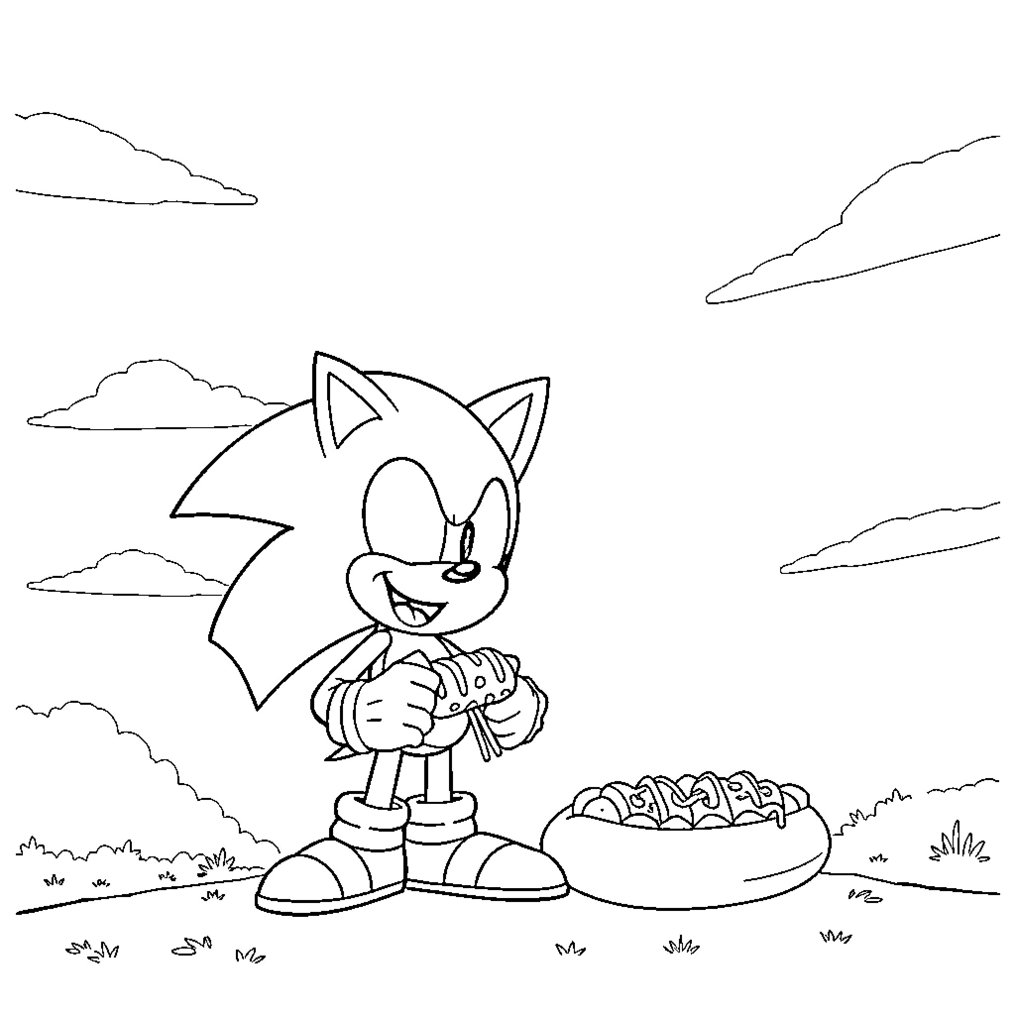 Sonic's Playful Antics with Favorite Snacks Coloring Page (free black-and-white line drawing printable PDF for all, from beginners to advanced learners, including children, teens, adults, and seniors)