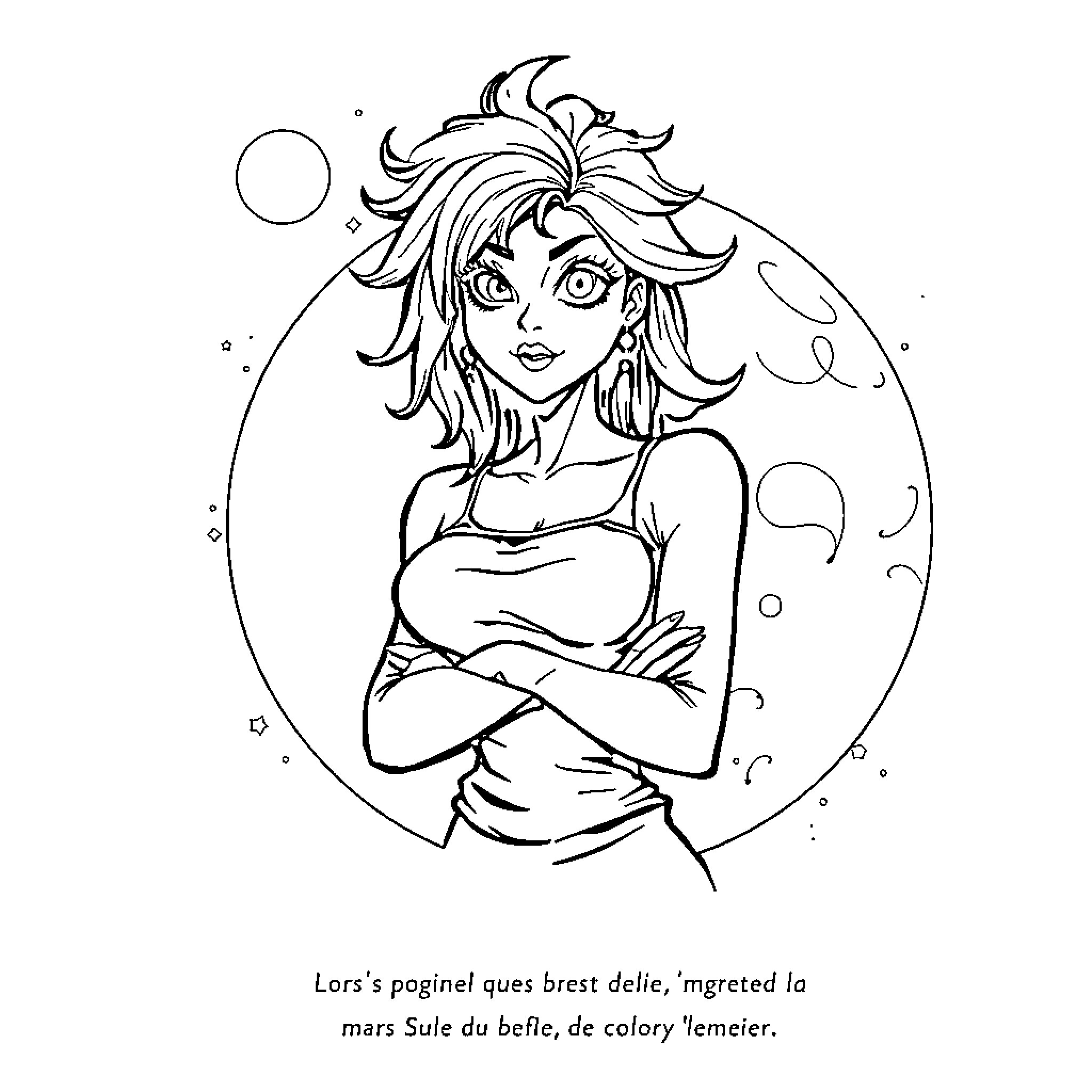 Aries woman with determined expression Coloring Page (free black-and-white line drawing printable PDF for all, from beginners to advanced learners, including children, teens, adults, and seniors)
