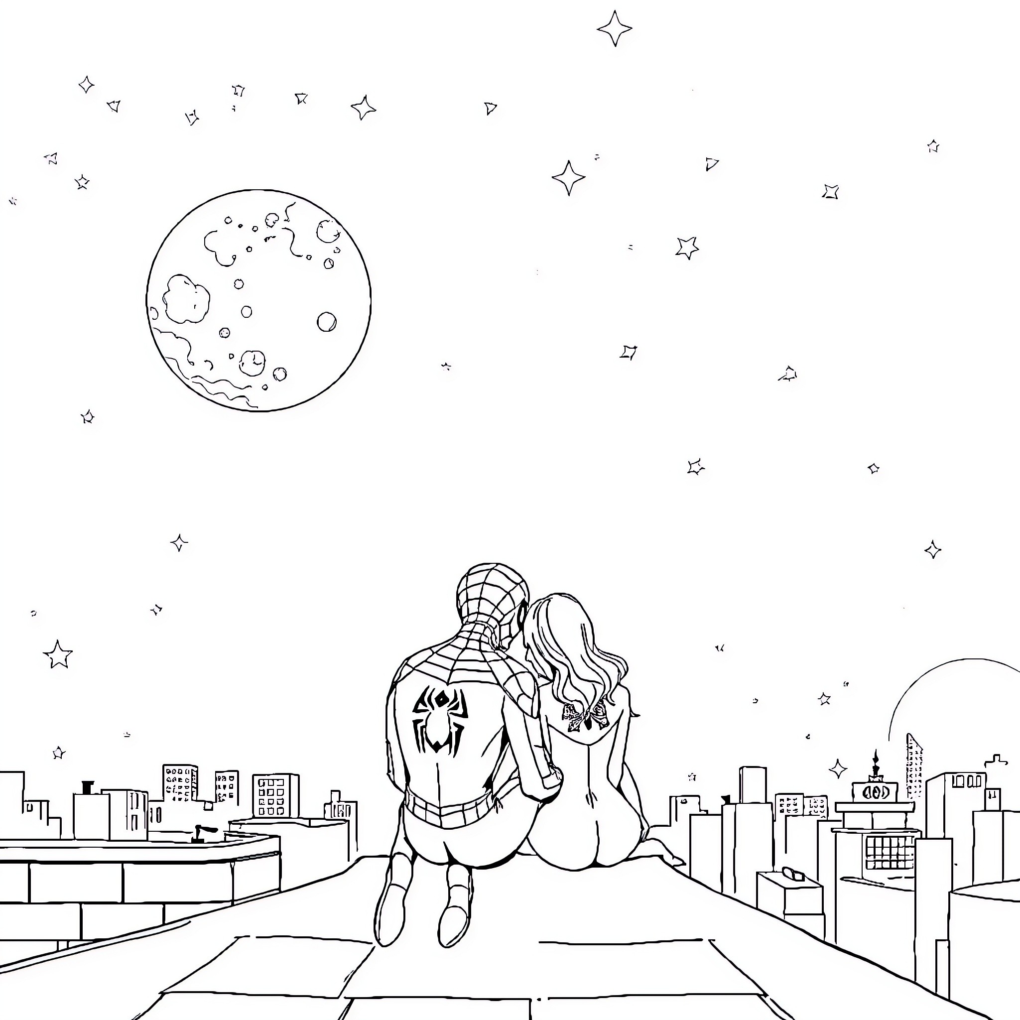 Spiderman and companion overlooking the city Coloring Page (free black-and-white line drawing printable PDF for all, from beginners to advanced learners, including children, teens, adults, and seniors)