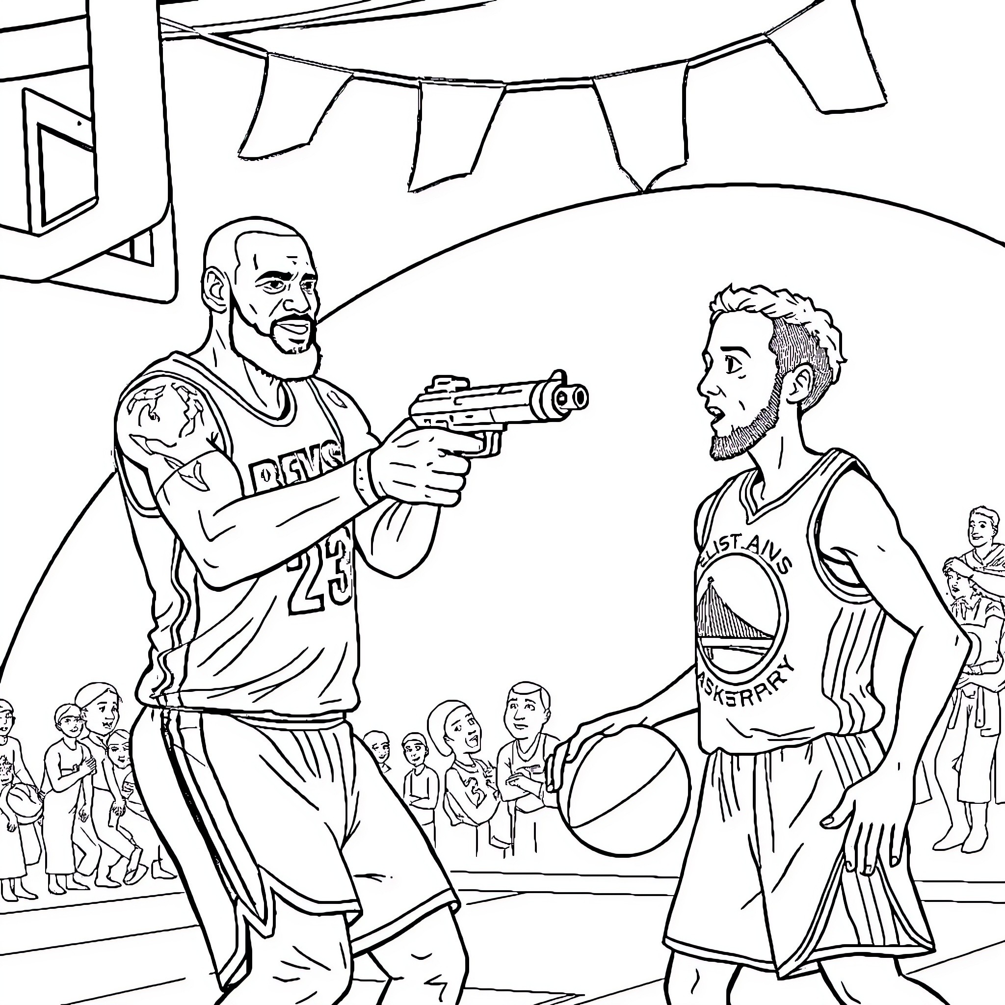 LeBron James and opposing player on basketball court Coloring Page (free black-and-white line drawing printable PDF for all, from beginners to advanced learners, including children, teens, adults, and seniors)