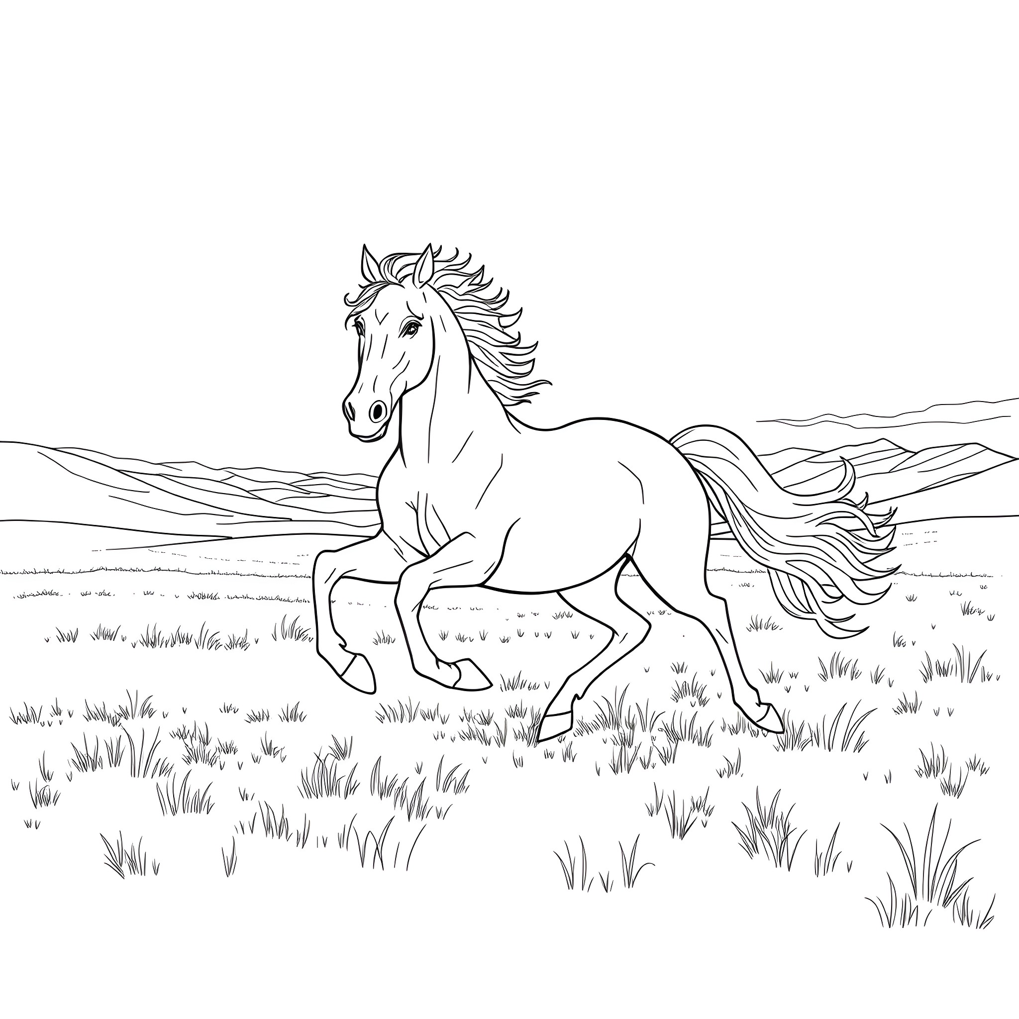 Horse galloping through the open field Coloring Page (free black-and-white line drawing printable PDF for all, from beginners to advanced learners, including children, teens, adults, and seniors)