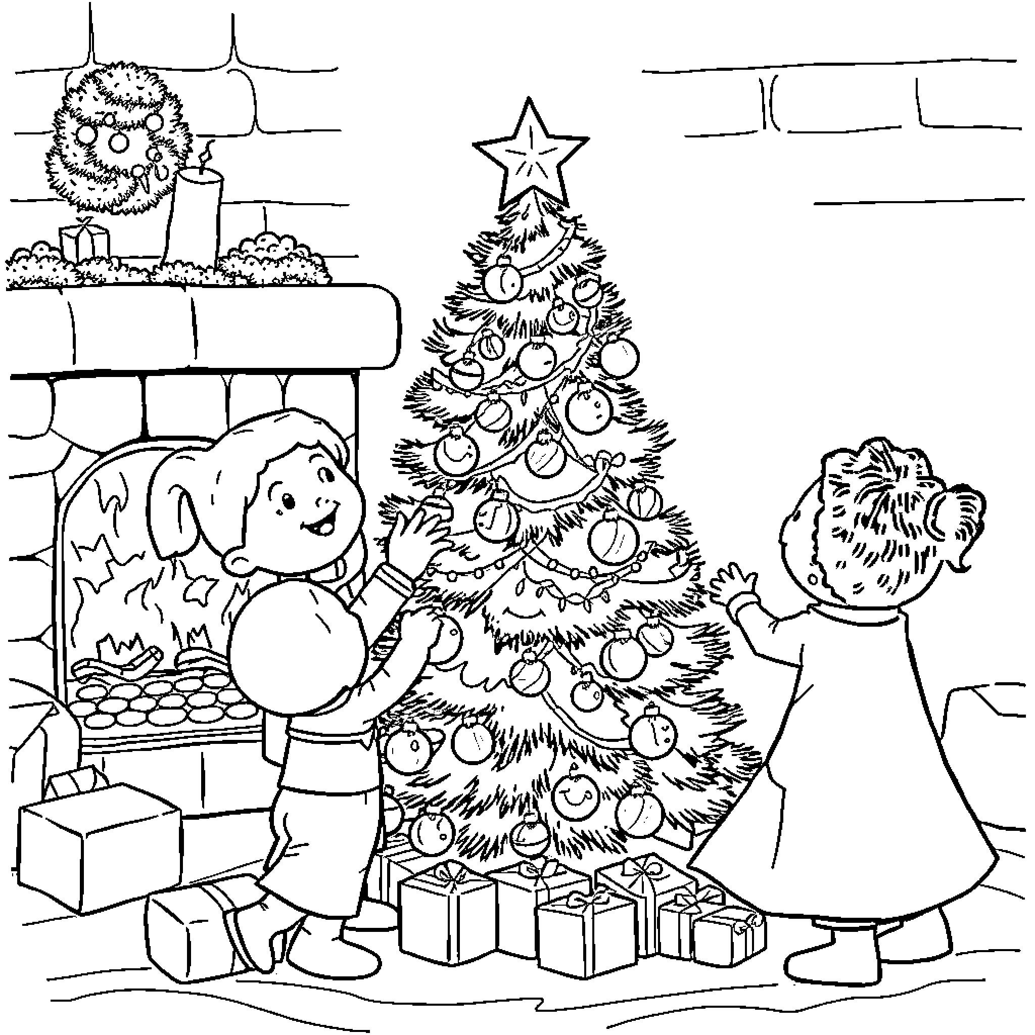 Among Us Characters Decorating Christmas Tree Coloring Page (free black-and-white line drawing printable PDF for all, from beginners to advanced learners, including children, teens, adults, and seniors)