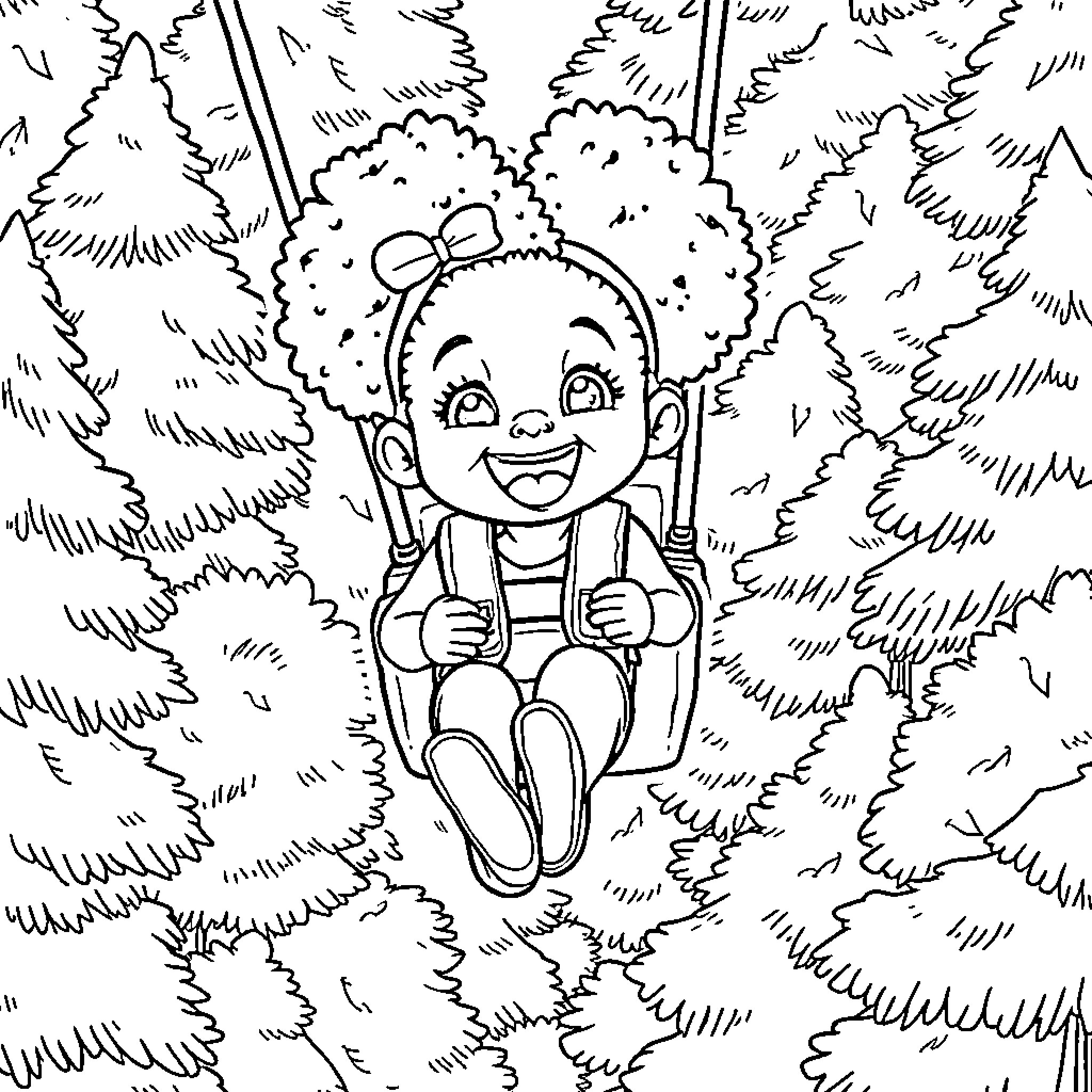 Child swinging on a rope in the forest Coloring Page (free black-and-white line drawing printable PDF for all, from beginners to advanced learners, including children, teens, adults, and seniors)