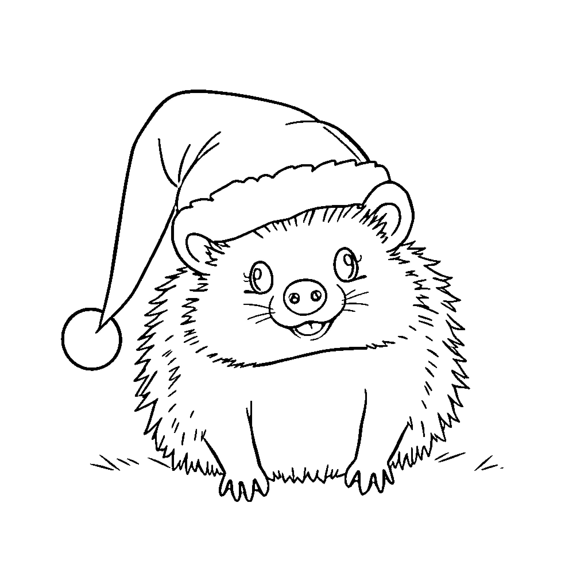 Hedgehog wearing Santa hat and smiling Coloring Page (free black-and-white line drawing printable PDF for all, from beginners to advanced learners, including children, teens, adults, and seniors)