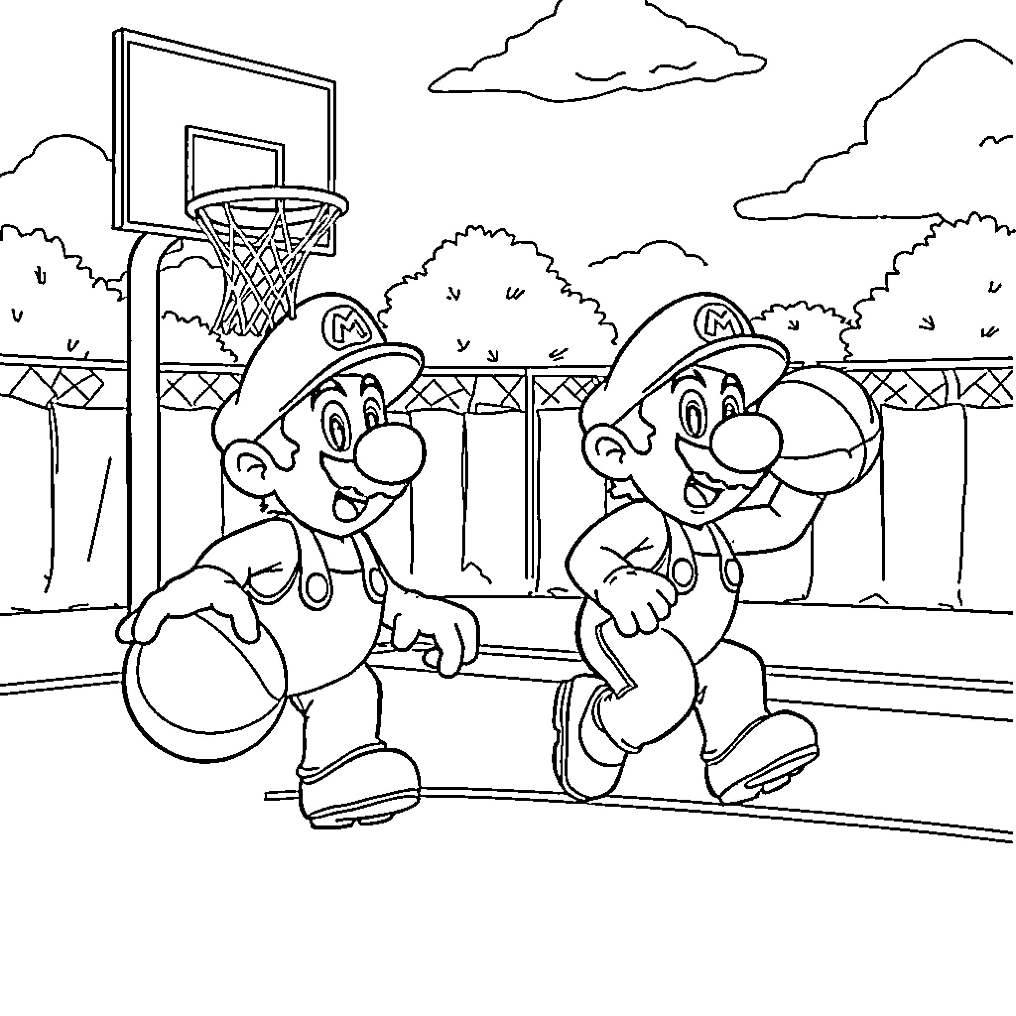 Mario Characters Playing Basketball on the Court Coloring Page (free black-and-white line drawing printable PDF for all, from beginners to advanced learners, including children, teens, adults, and seniors)