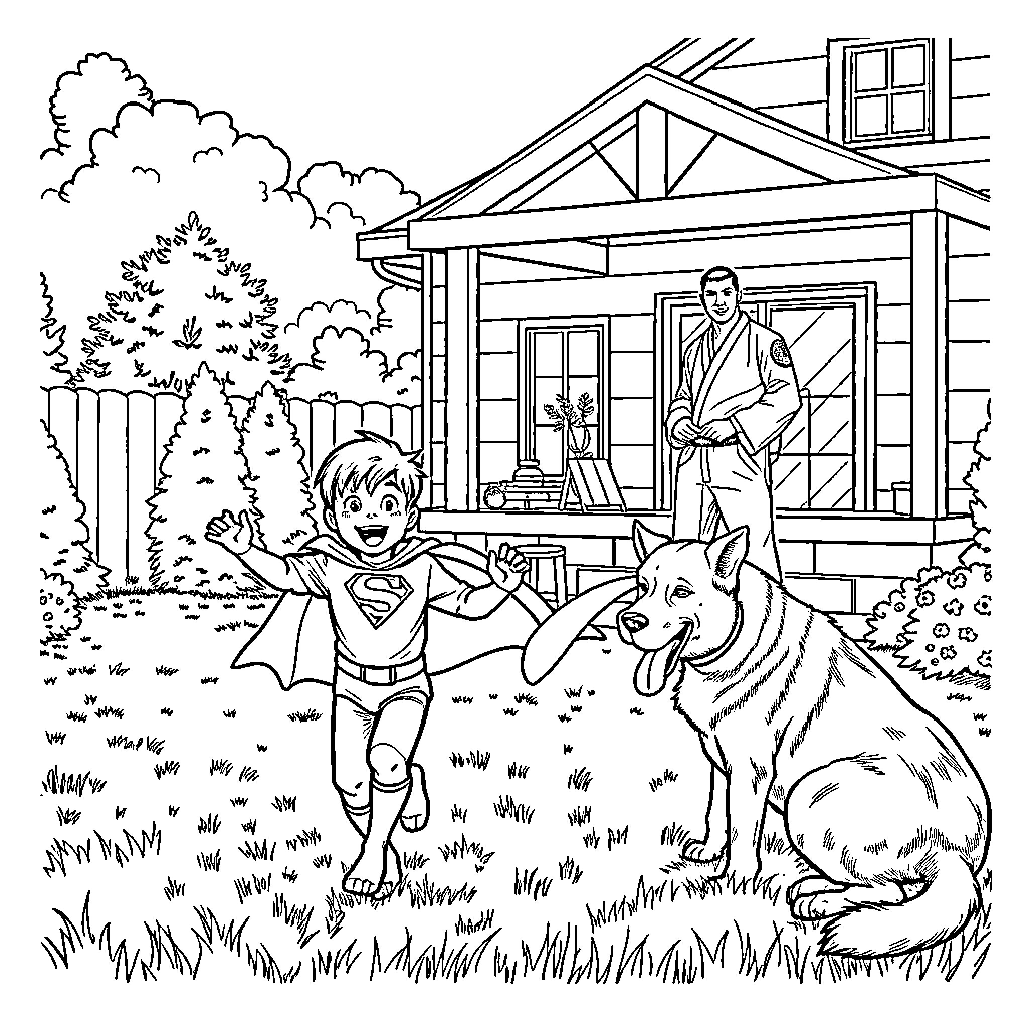 Boy playing with dog in front of house Coloring Page (free black-and-white line drawing printable PDF for all, from beginners to advanced learners, including children, teens, adults, and seniors)