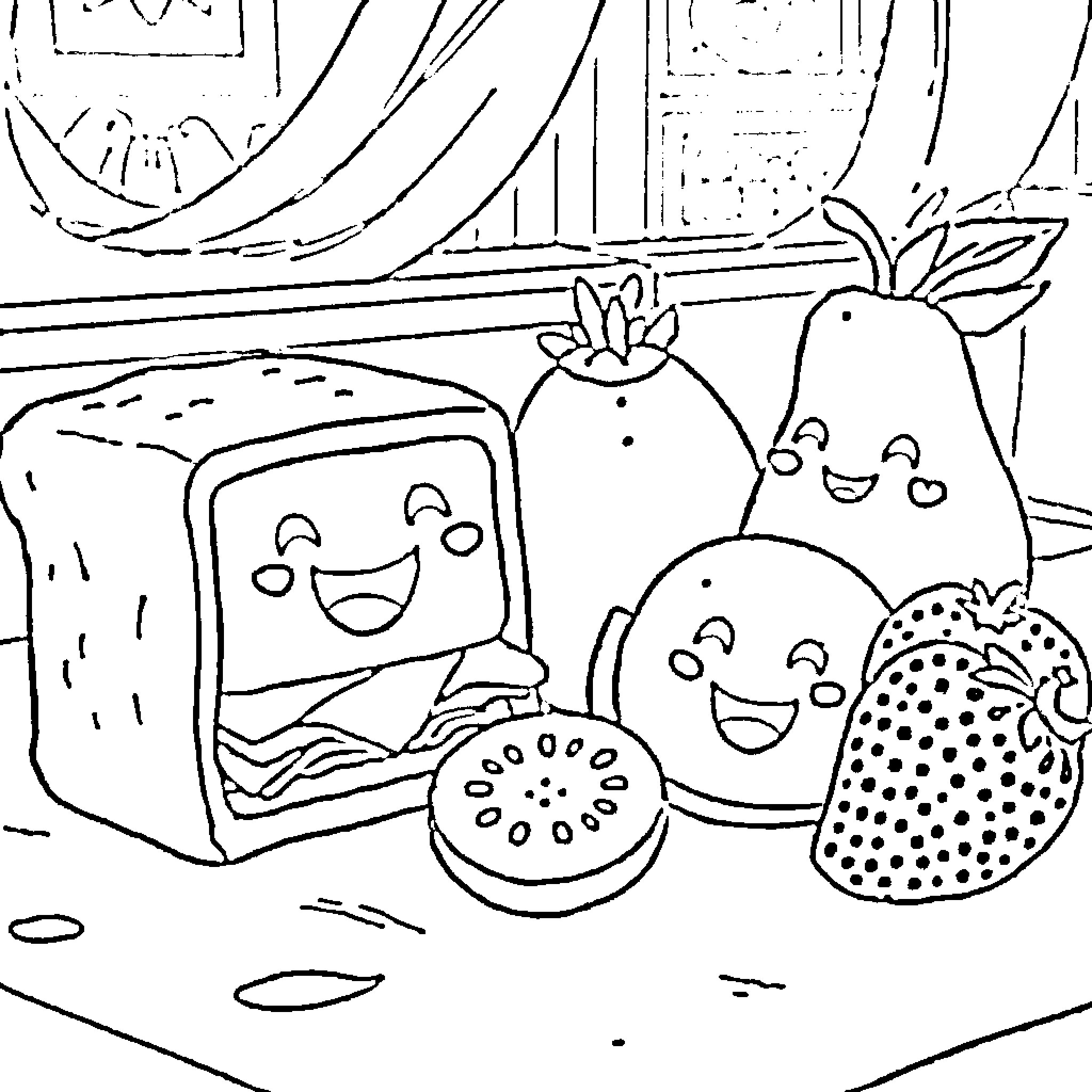 Food Cartoon Characters in Happy Scene Coloring Page (free black-and-white line drawing printable PDF for all, from beginners to advanced learners, including children, teens, adults, and seniors)